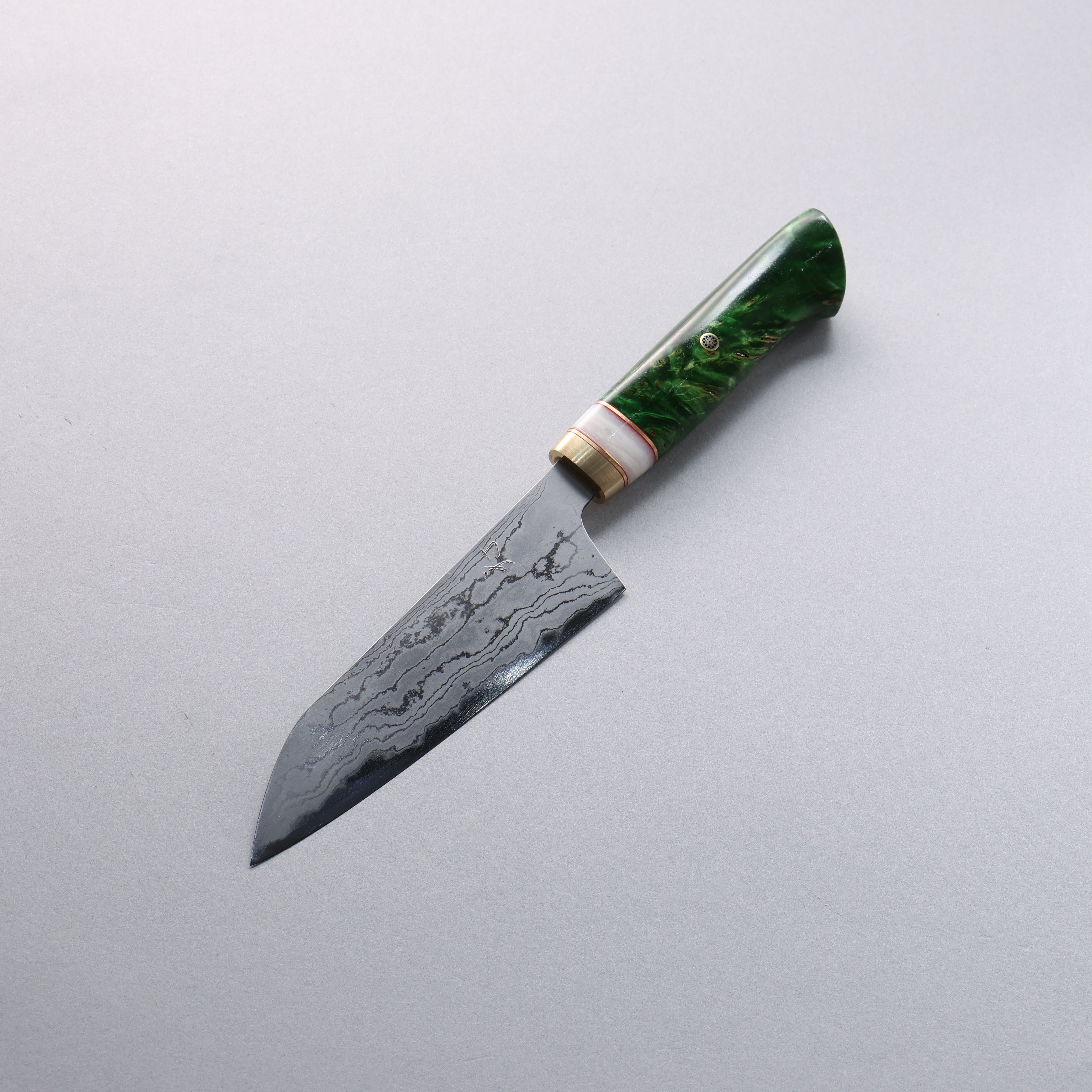 Daisuke Nishida White Steel No.1 Damascus Small Santoku 150mm Green Marble Acrylic Handle - Japanny - Best Japanese Knife