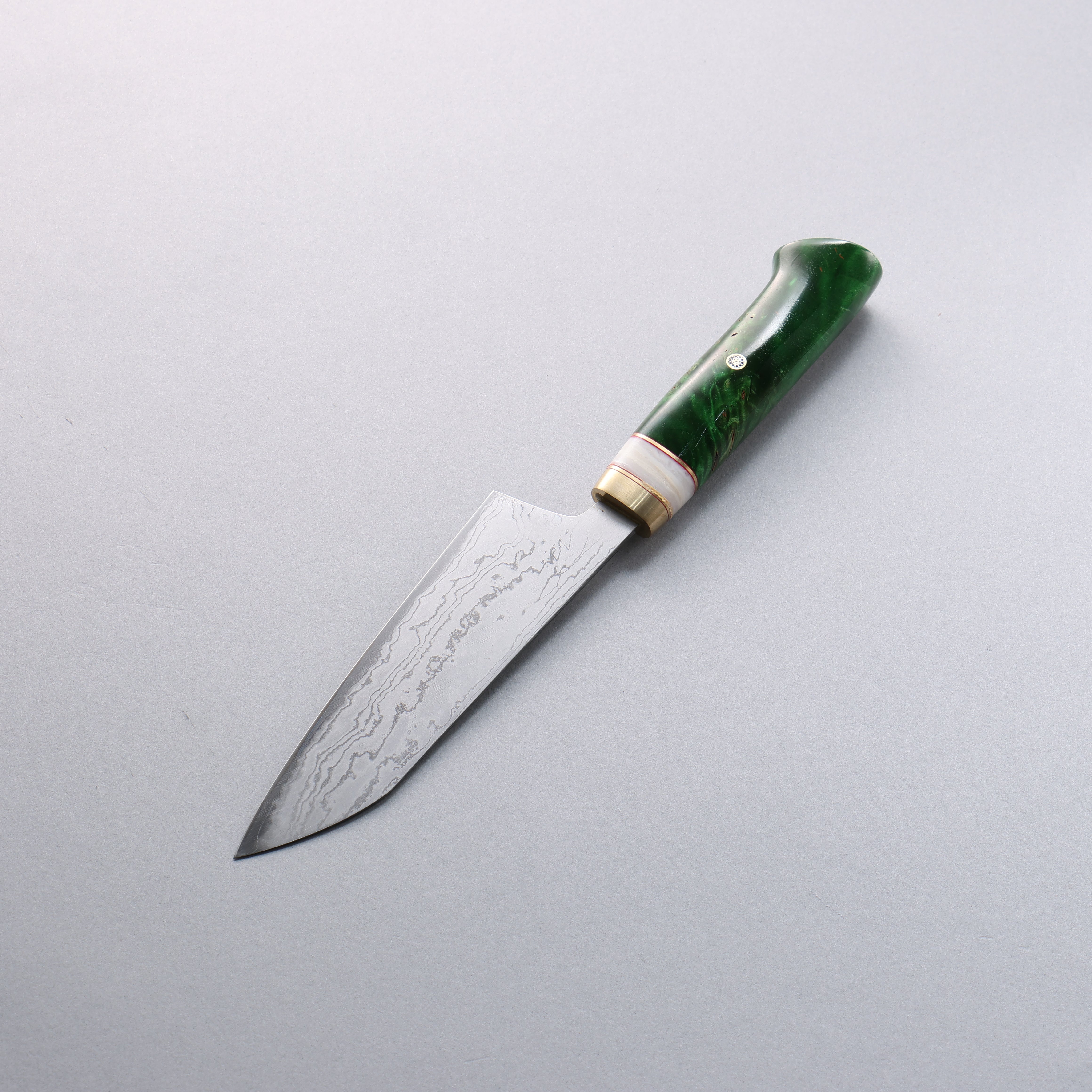Daisuke Nishida White Steel No.1 Damascus Small Santoku 150mm Green Marble Acrylic Handle - Japanny - Best Japanese Knife