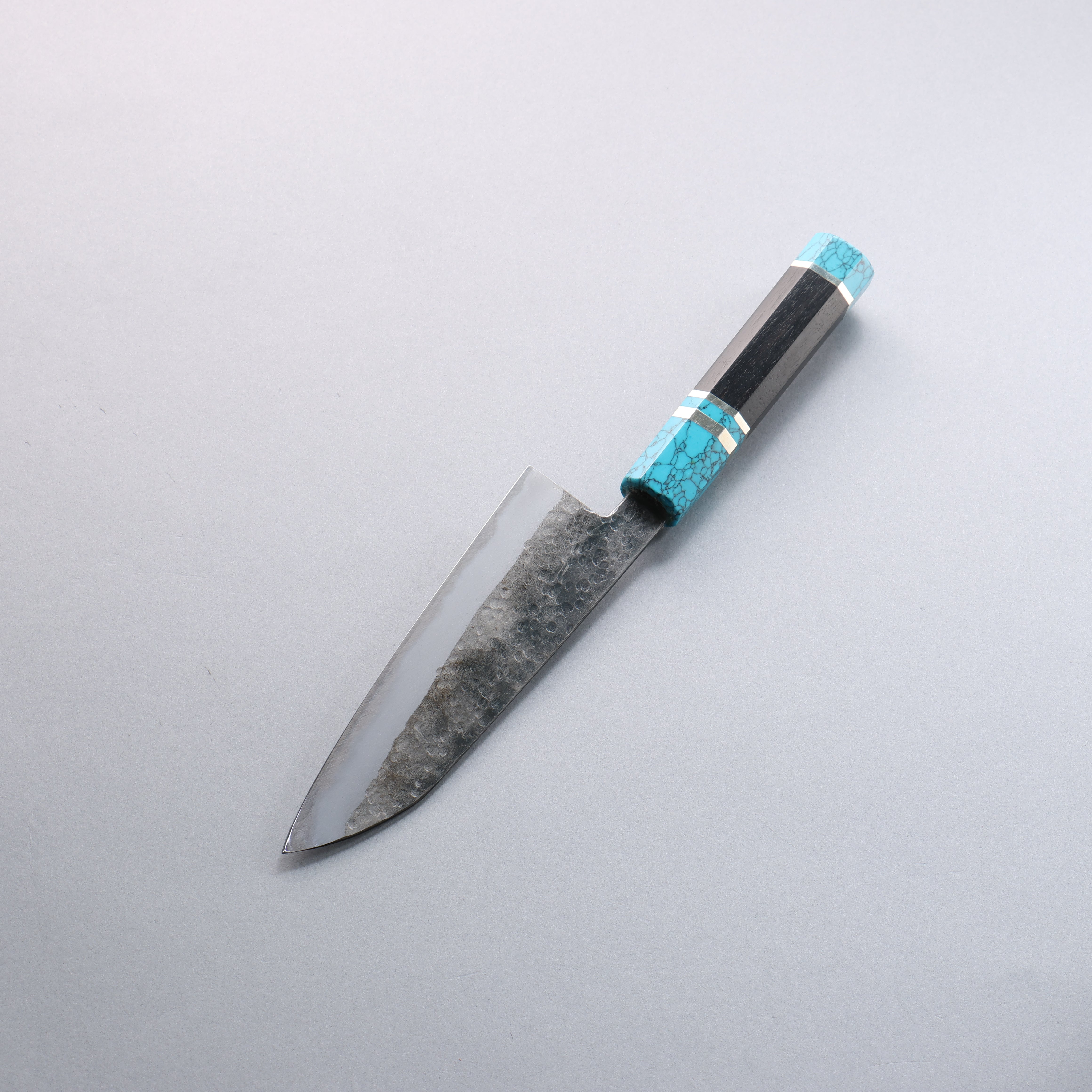 Daisuke Nishida White Steel No.1 Hammered Santoku 165mm Rosewood with Siver Rngs and Blue turquoise Ferrule and End Cap Handle - Japanny - Best Japanese Knife