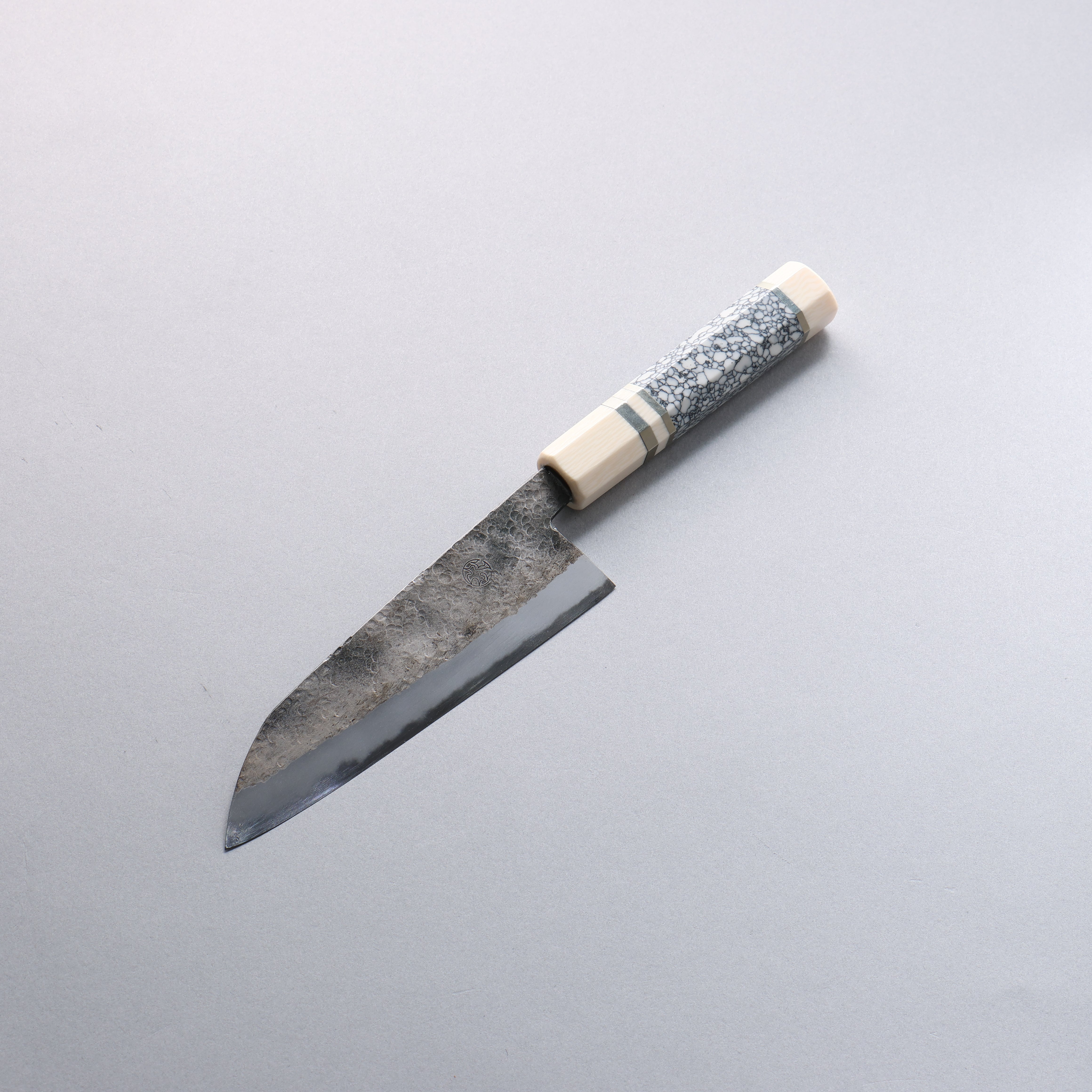 Daisuke Nishida White Steel No.1 Hammered Santoku 165mm White turquoise with Silver Rings and Imitation Ivory Ferrule and End Cap Handle - Japanny - Best Japanese Knife