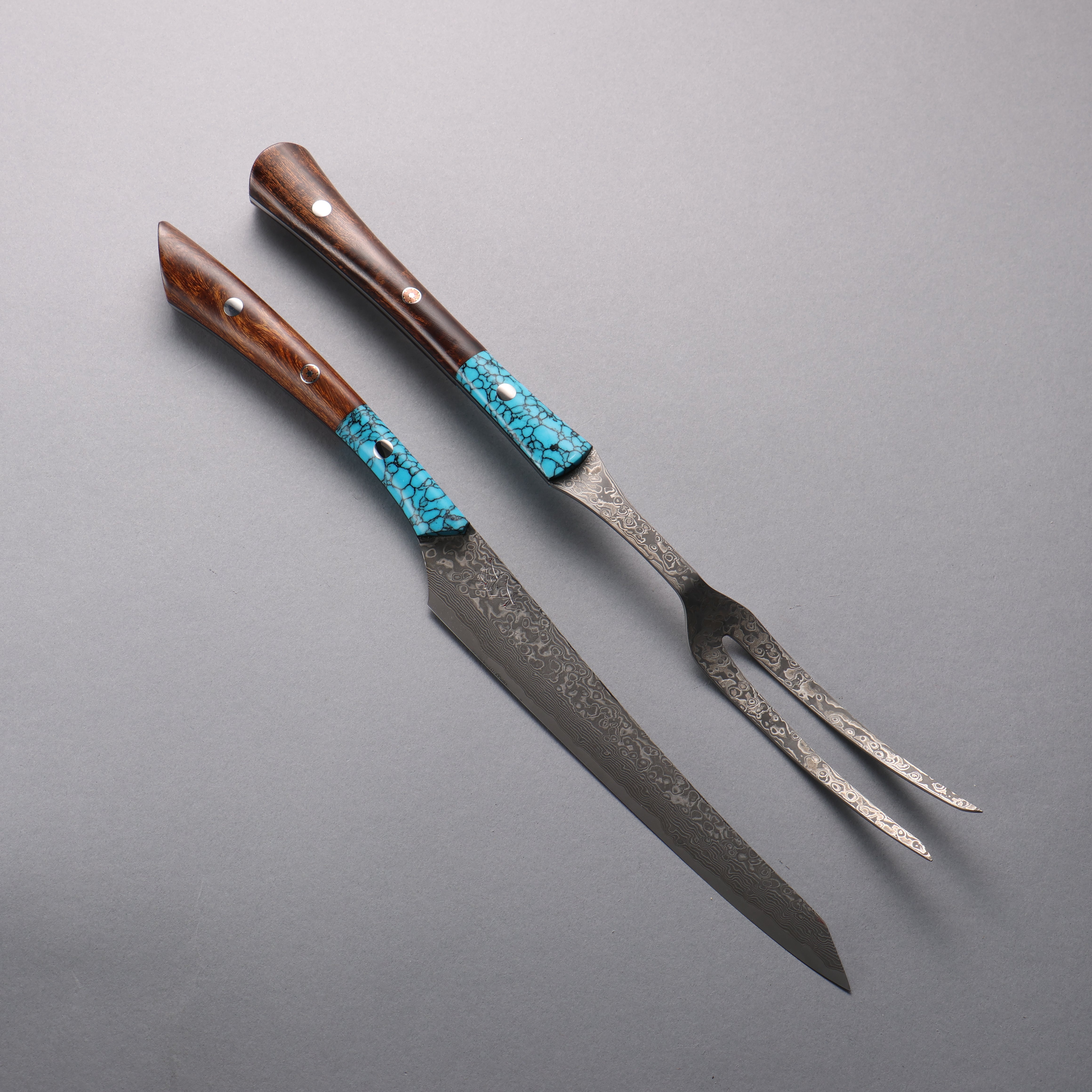 Yuma Oba VG10 Damascus Carving Knife & Fork Set 200mm Ironwood & turquoise Handle - Japanny - Best Japanese Knife