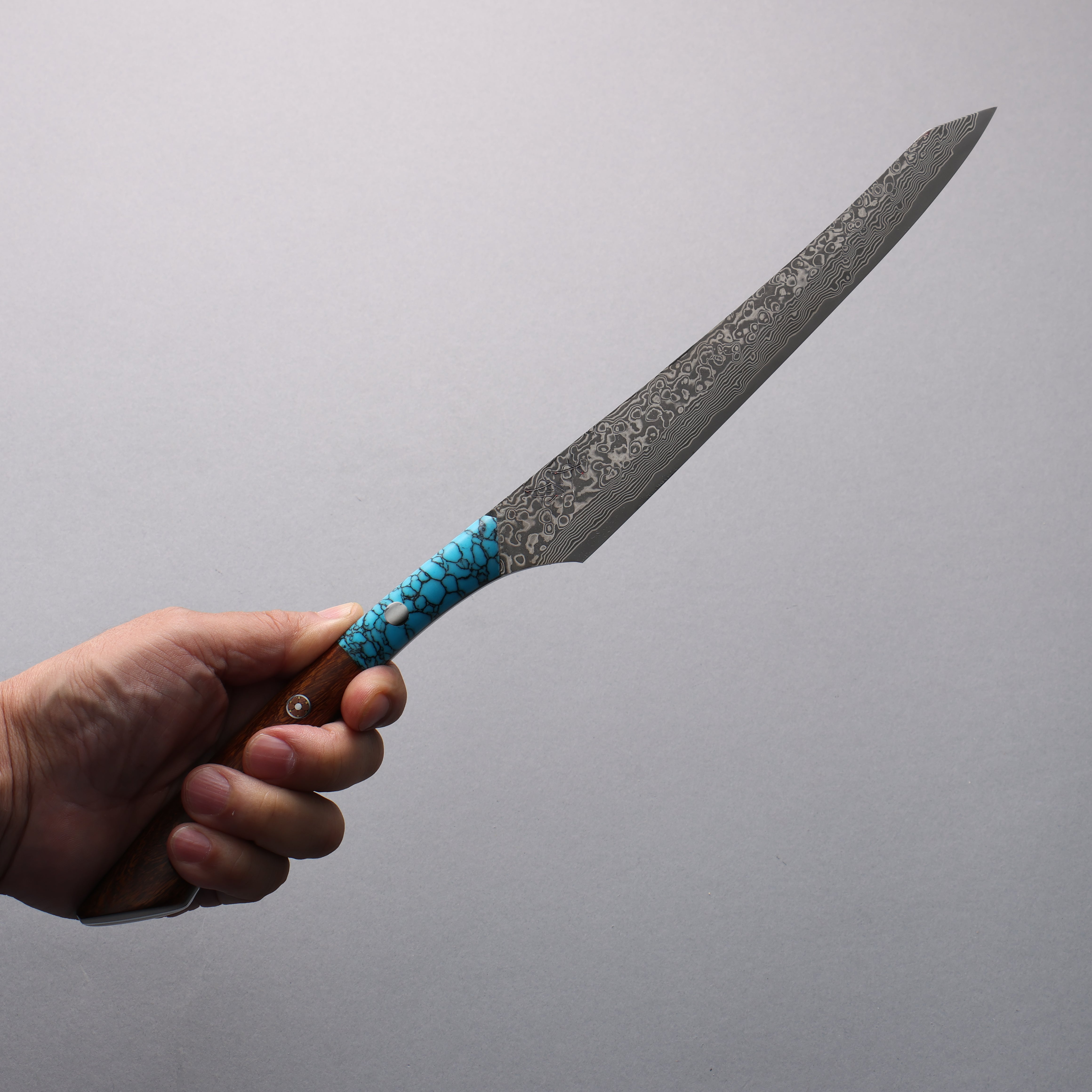 Yuma Oba VG10 Damascus Carving Knife & Fork Set 200mm Ironwood & turquoise Handle - Japanny - Best Japanese Knife