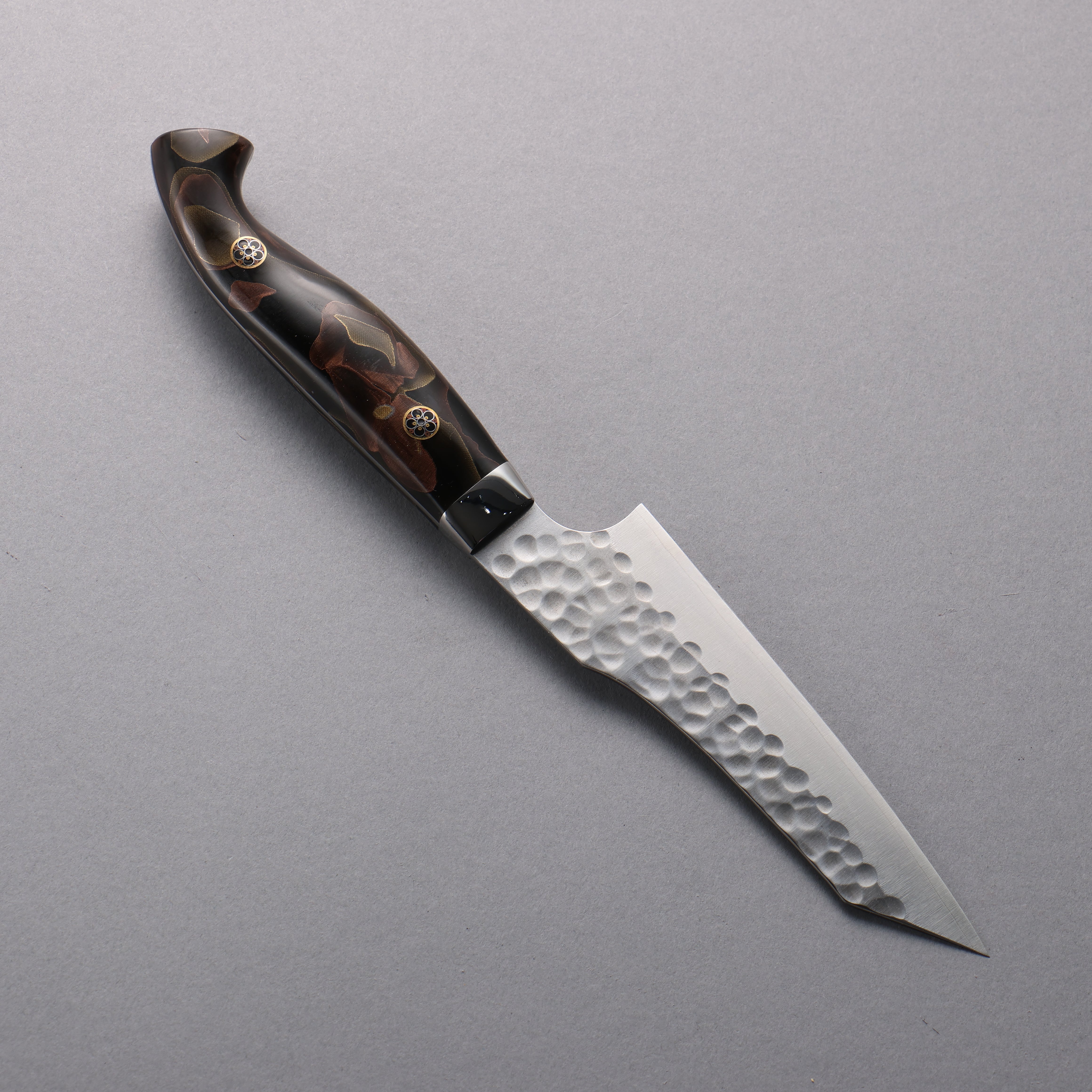 Yuto Kawagoe VG10 Hammered Migaki Finished Kiritsuke Petty-Utility 125mm Brown Acrylic Handle - Japanny - Best Japanese Knife