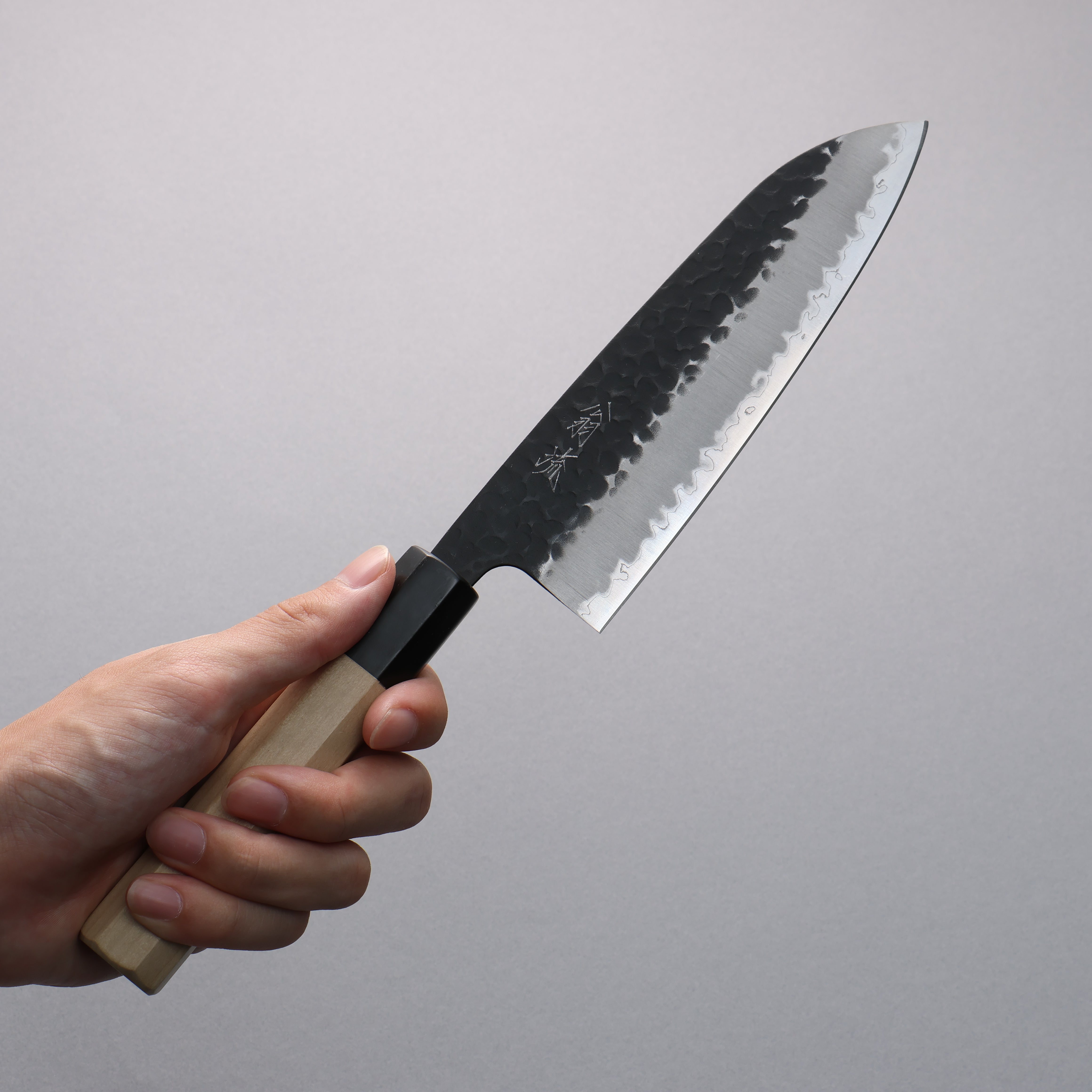 Oul Blue Super Hammered Black Finished Santoku 165mm Magnolia Handle - Japanny - Best Japanese Knife
