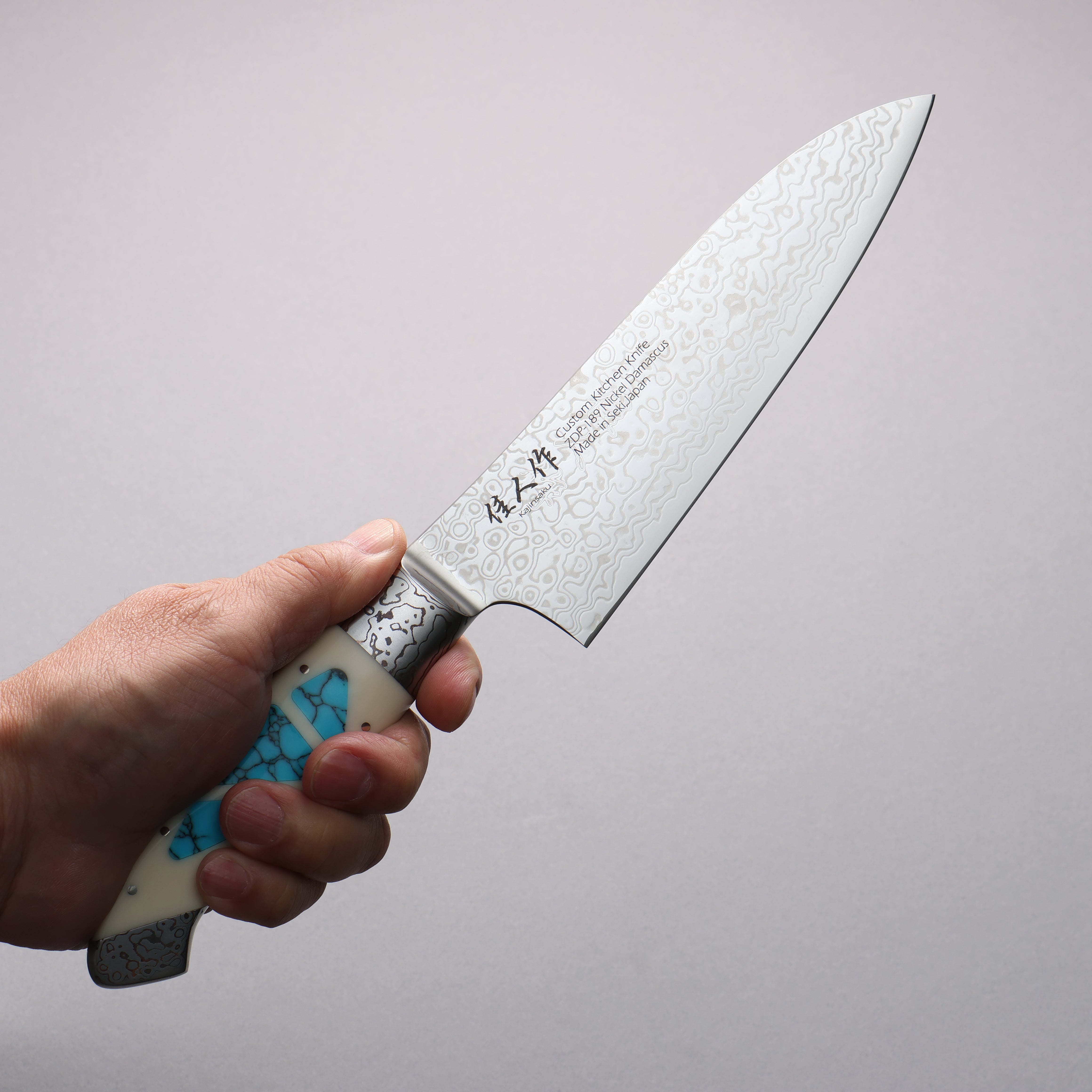 Kajin ZDP189 Damascus Migaki Finished Santoku 165mm Corian with Turquoise Inlay Handle - Japanny - Best Japanese Knife