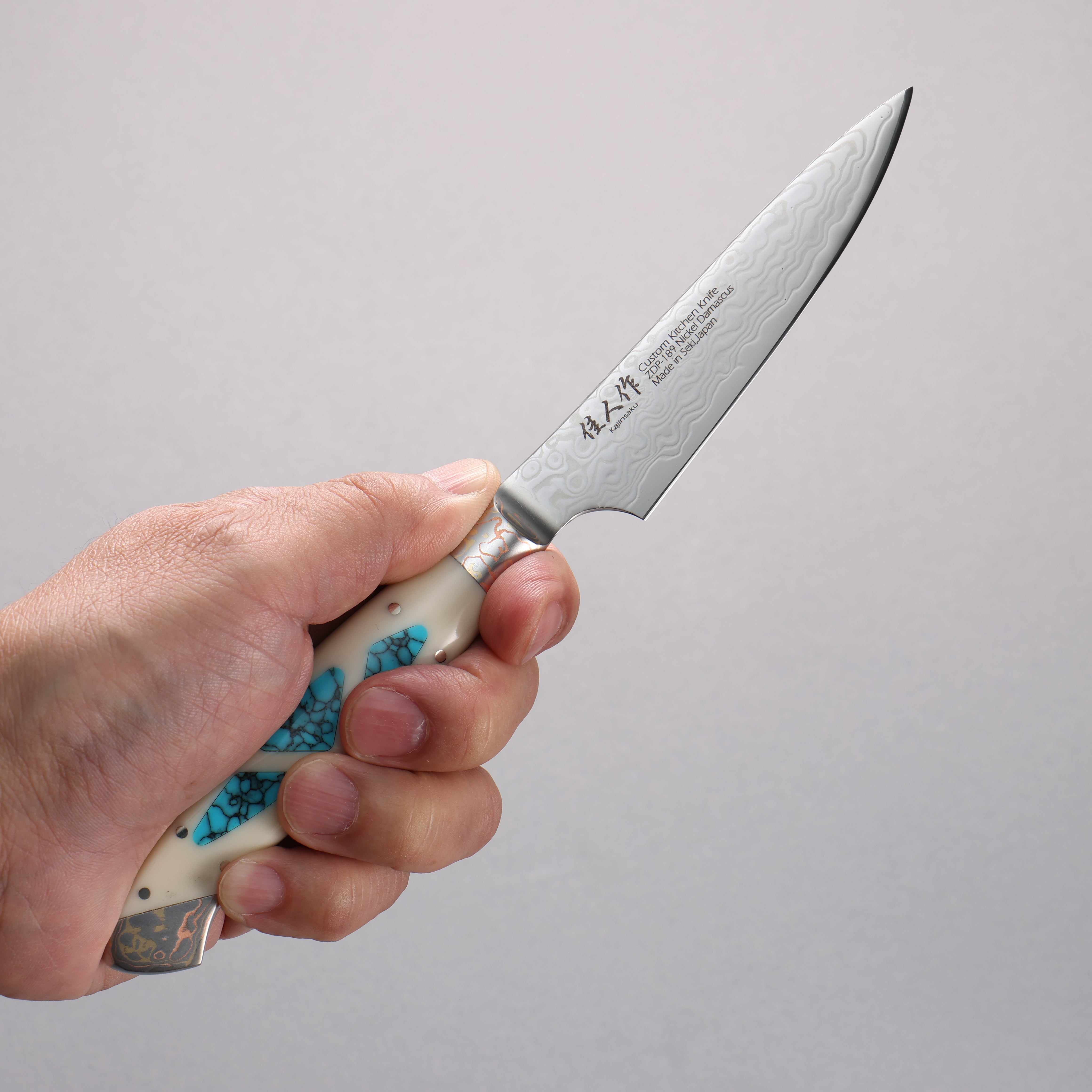 Kajin ZDP189 Damascus Migaki Finished Petty-Utility 95mm Corian with Turquoise Inlay Handle - Japanny - Best Japanese Knife