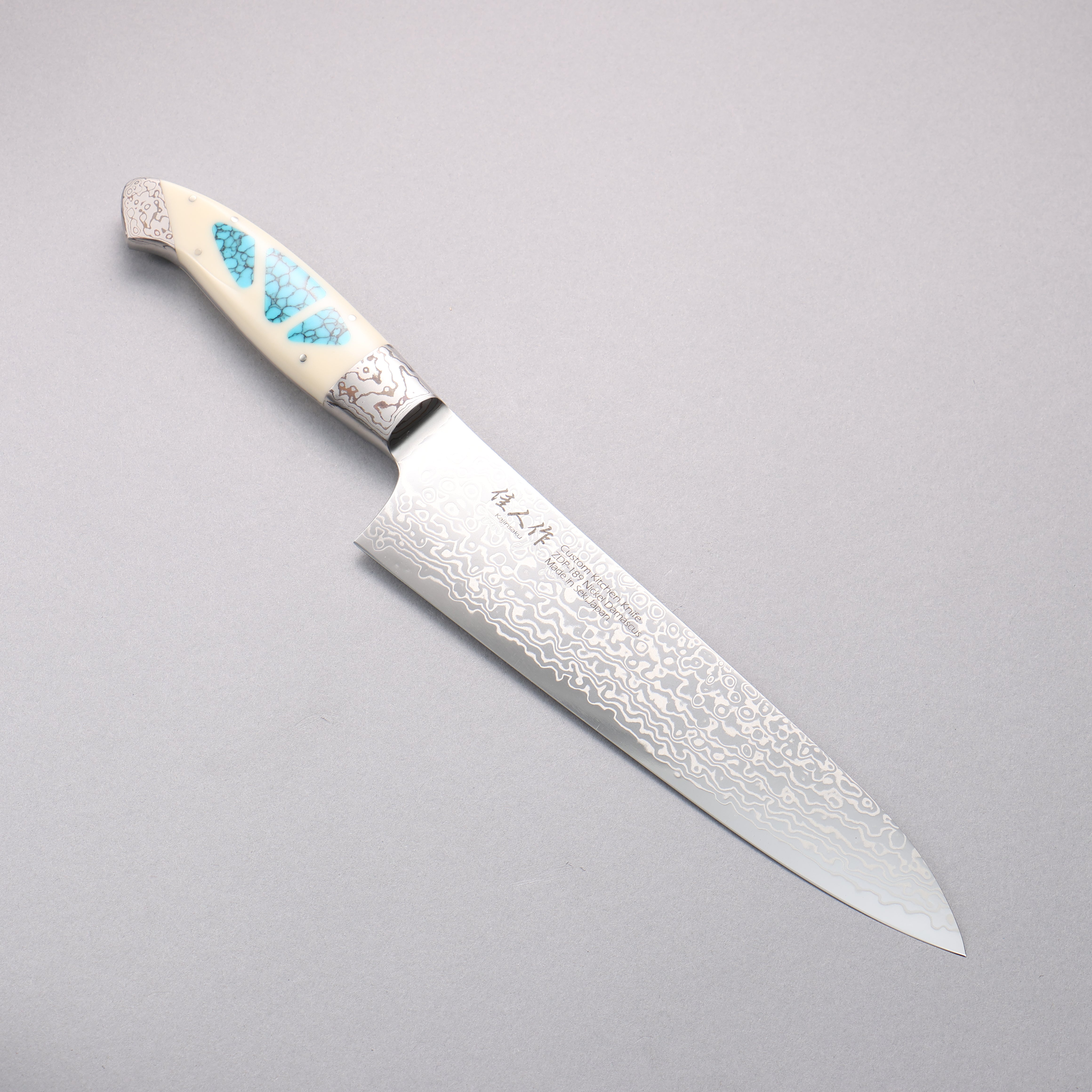 Kajin ZDP189 Damascus Migaki Finished Gyuto 210mm Corian with Turquoise Inlay Handle - Japanny - Best Japanese Knife