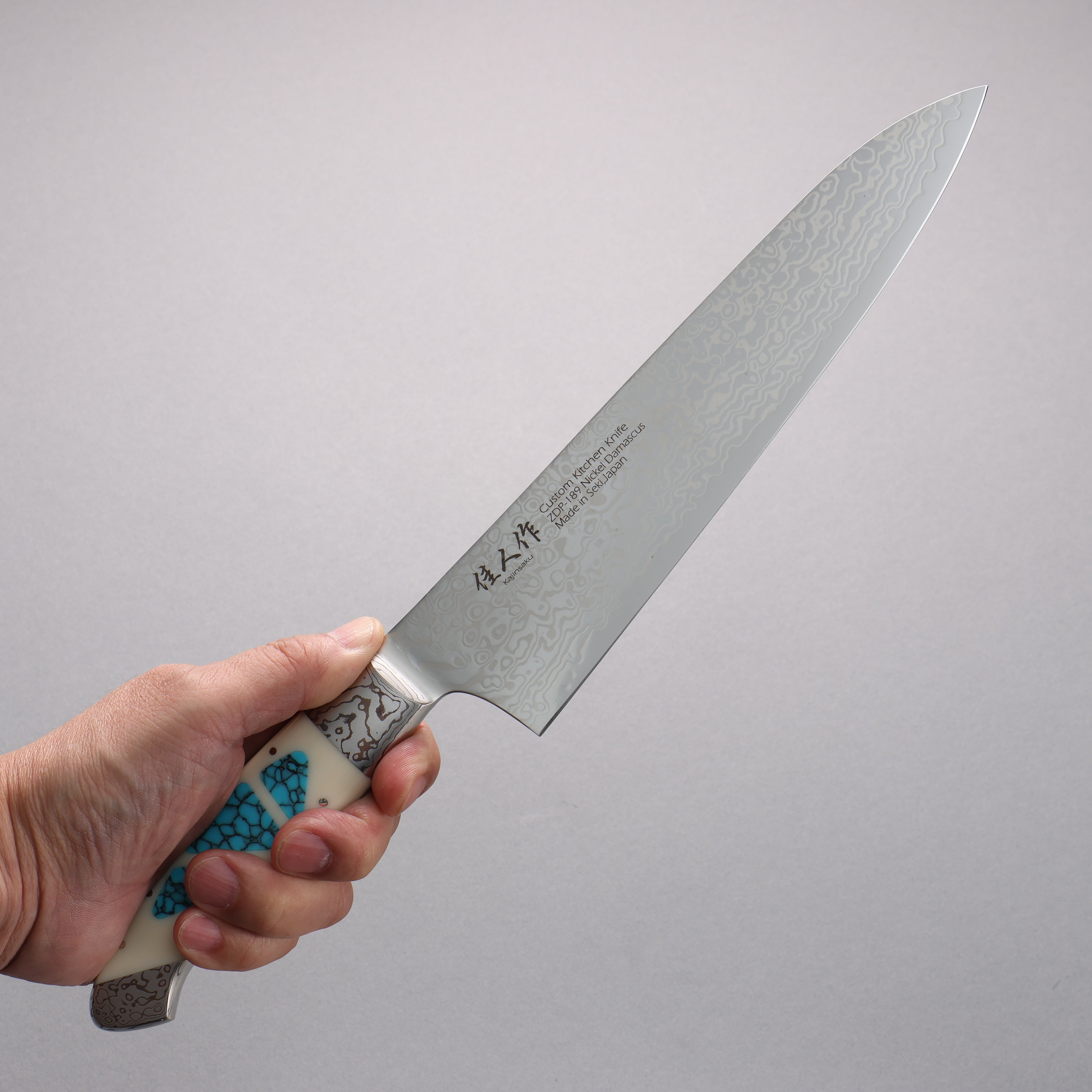 Kajin ZDP189 Damascus Migaki Finished Gyuto 210mm Corian with Turquoise Inlay Handle - Japanny - Best Japanese Knife