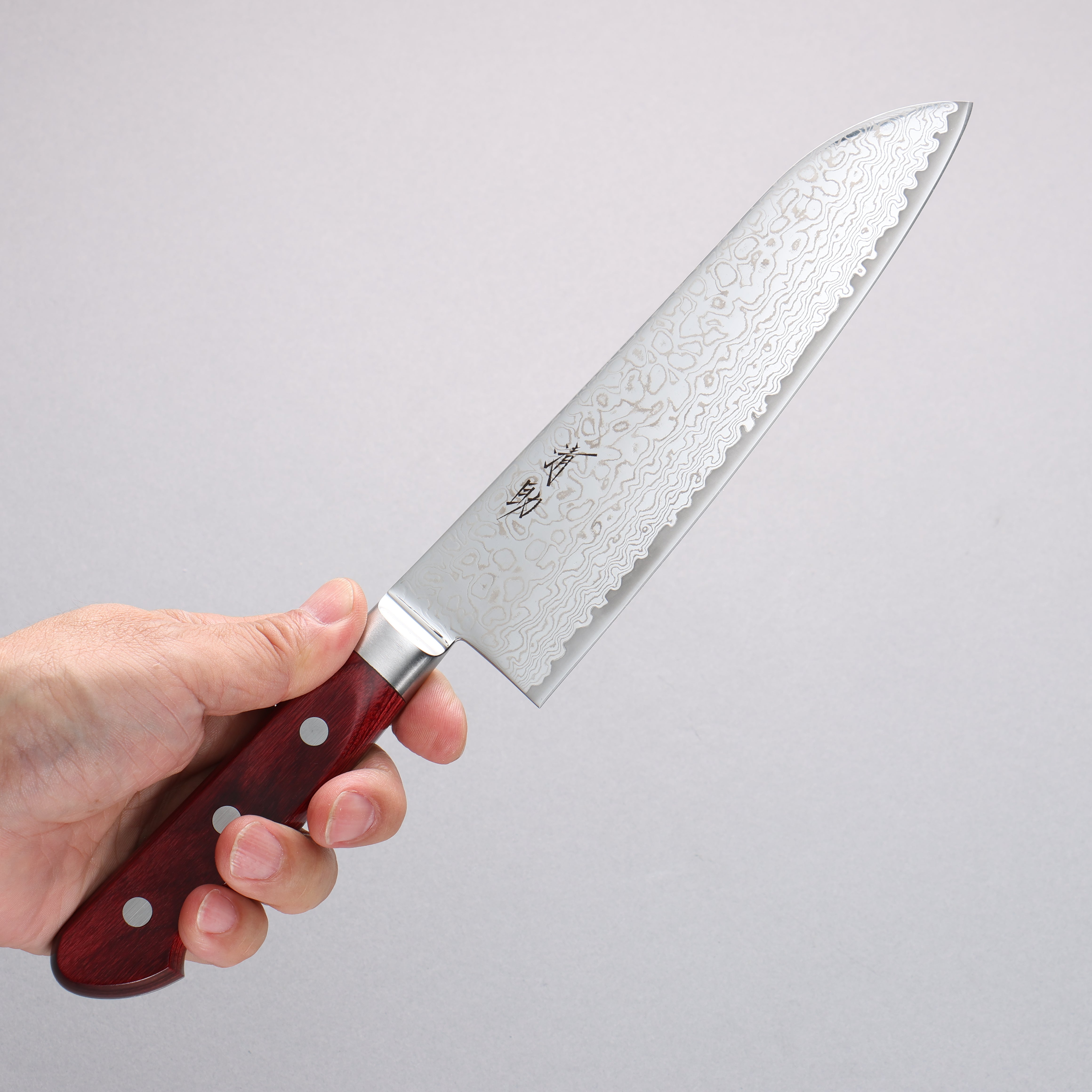 Seisuke Kagami2 AUS10 Mirrored Finish Damascus Santoku 180mm Red Pakka wood Handle - Japanny - Best Japanese Knife