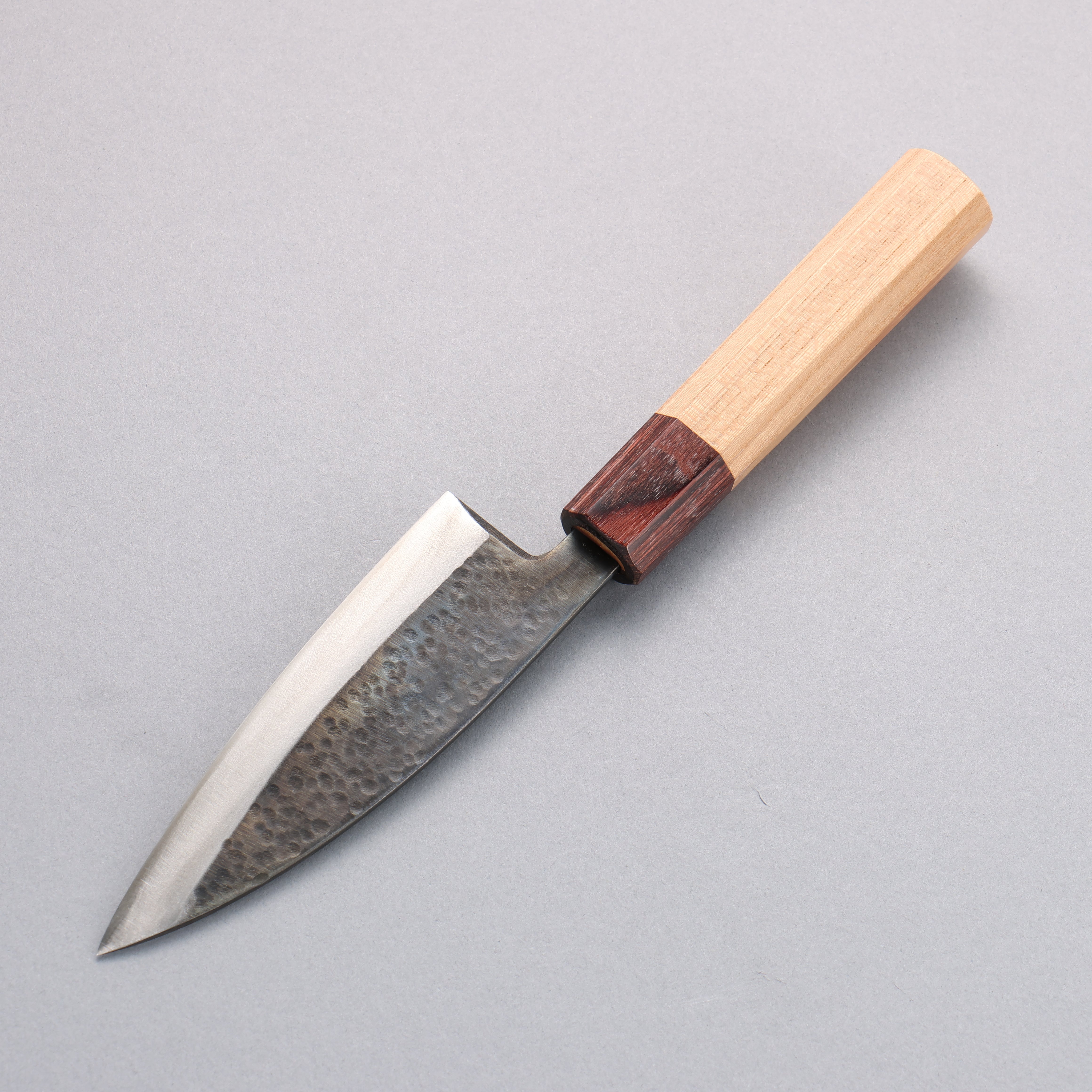 Fukube Shinbu Magomitsu Blue Steel No.2 Hammered Black Finished Deba 120mm Keyaki (Japanese Elm) Handle - Japanny - Best Japanese Knife