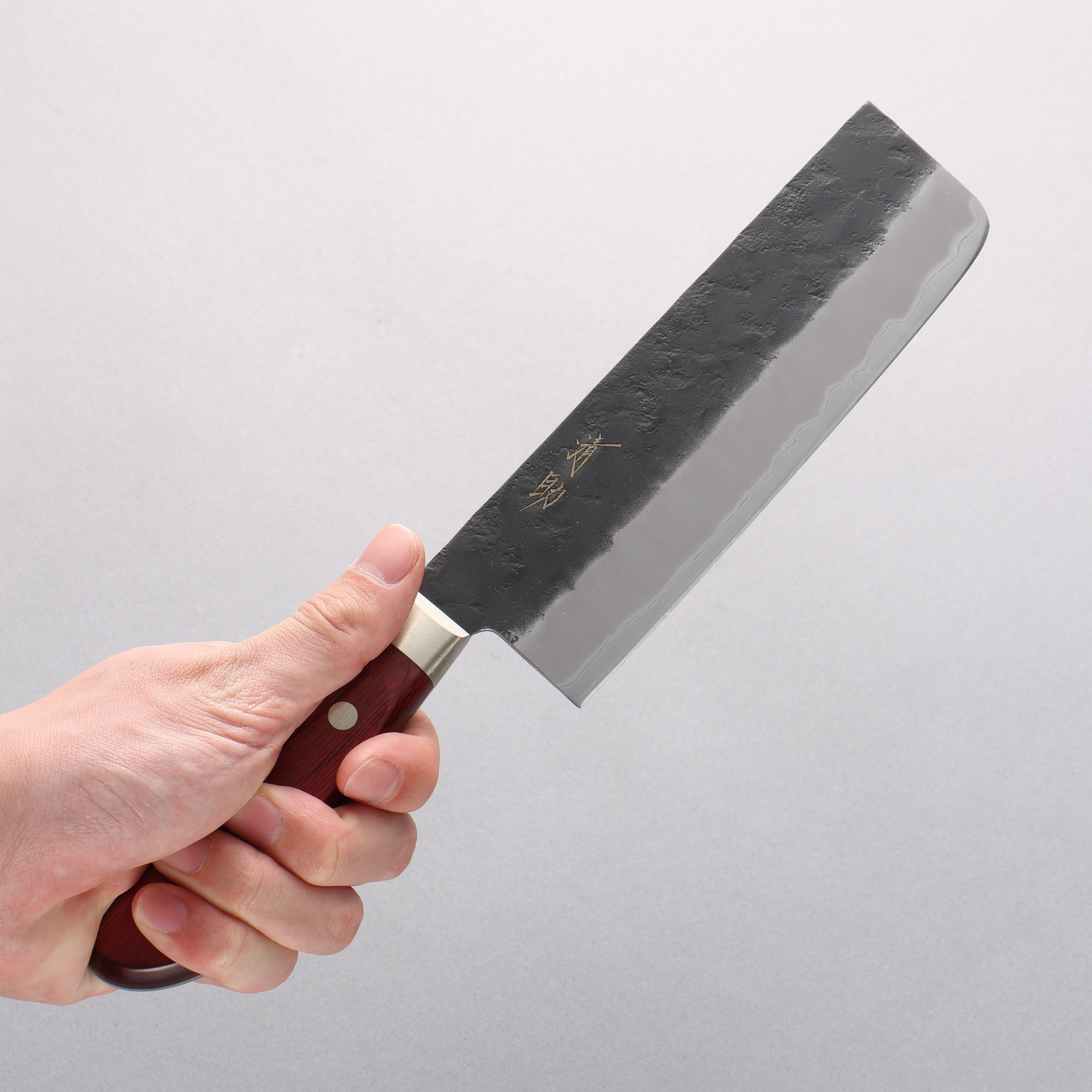 Seisuke Kuronashi Blue Super Nashiji Kurouchi Nakiri 165mm Red Pakka wood Handle - Japanny - Best Japanese Knife