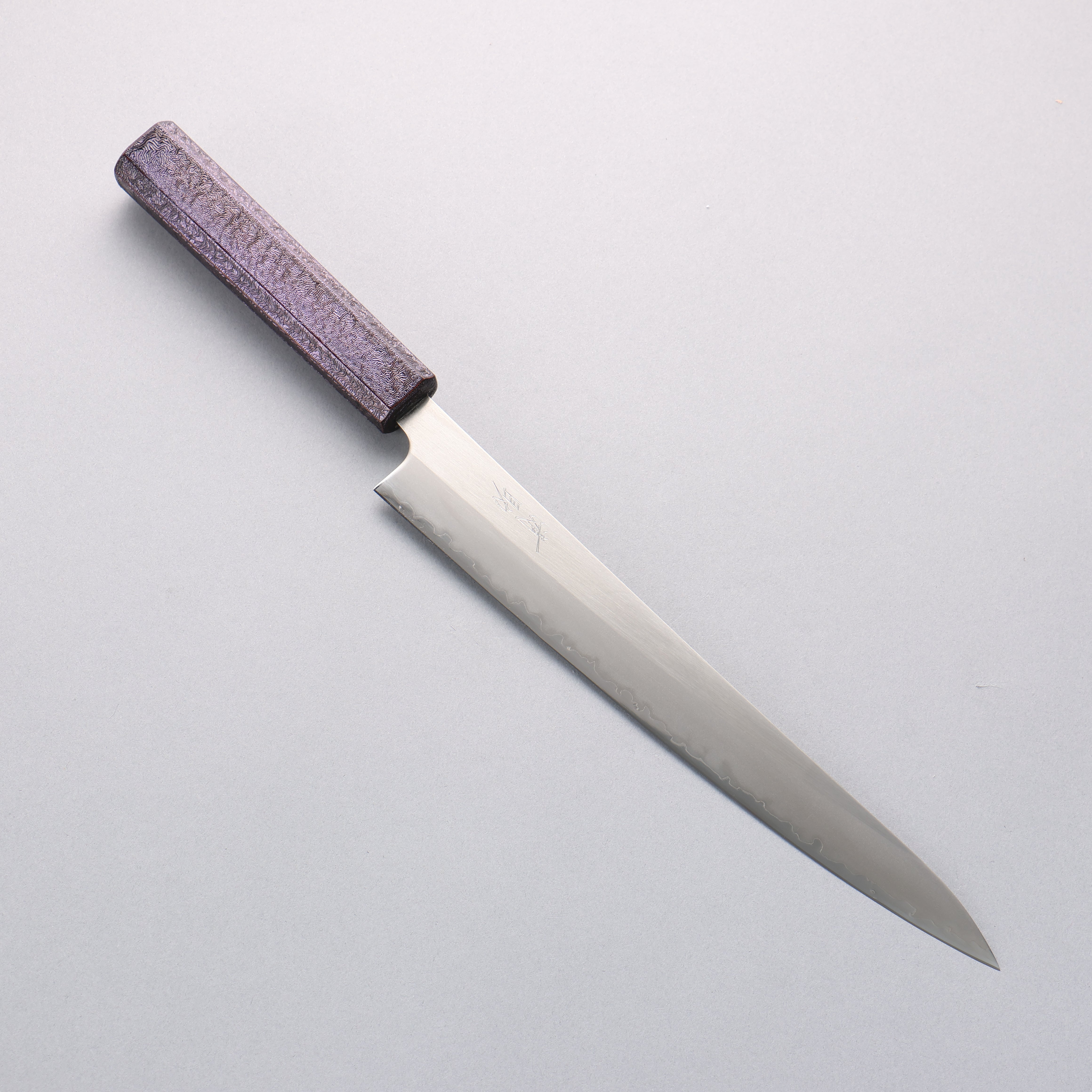 Seisuke White Steel No.1 Migaki Polish Finish Sujihiki 240mm Oak with Purple Lacquer Handle - Japanny - Best Japanese Knife