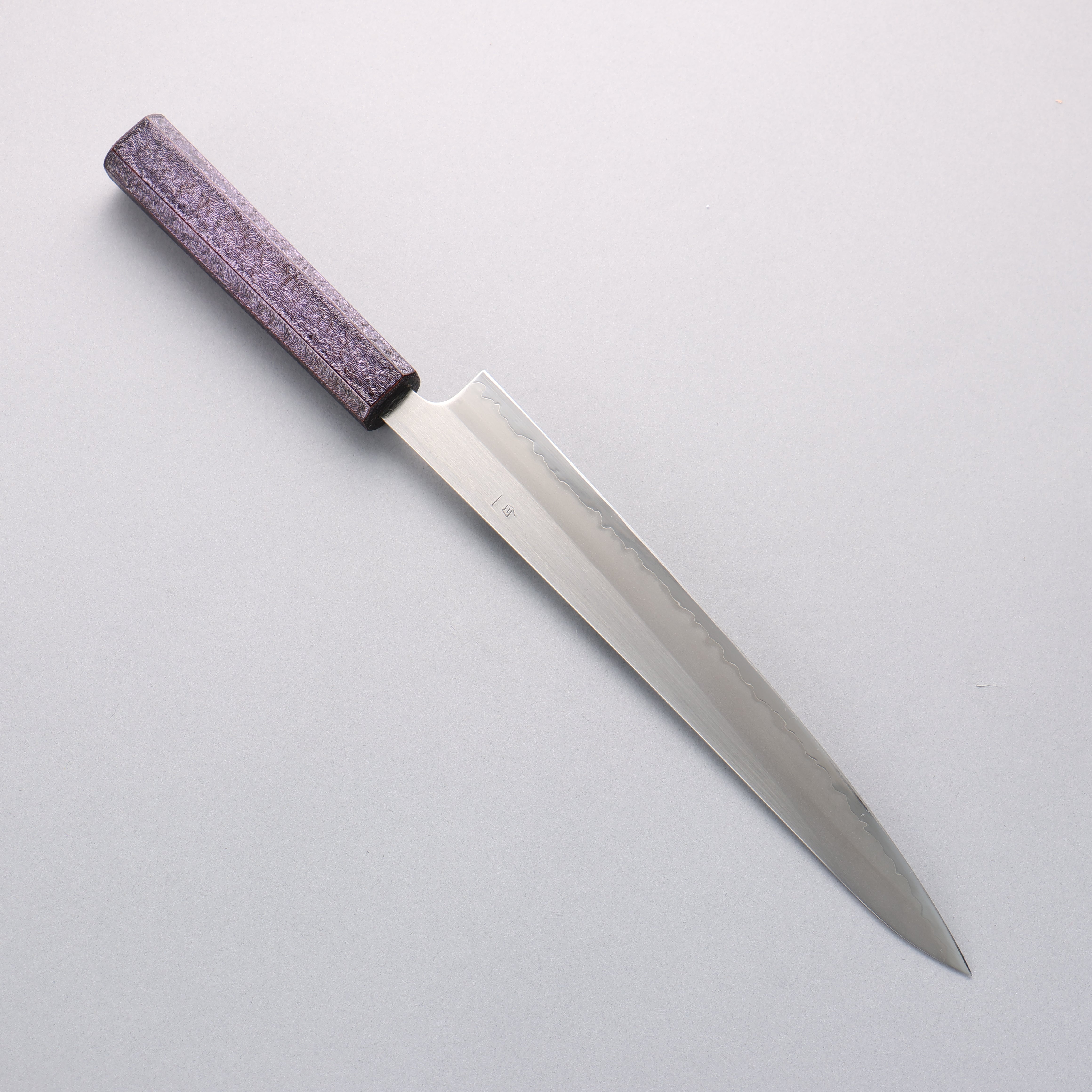 Seisuke White Steel No.1 Migaki Polish Finish Sujihiki 240mm Oak with Purple Lacquer Handle - Japanny - Best Japanese Knife
