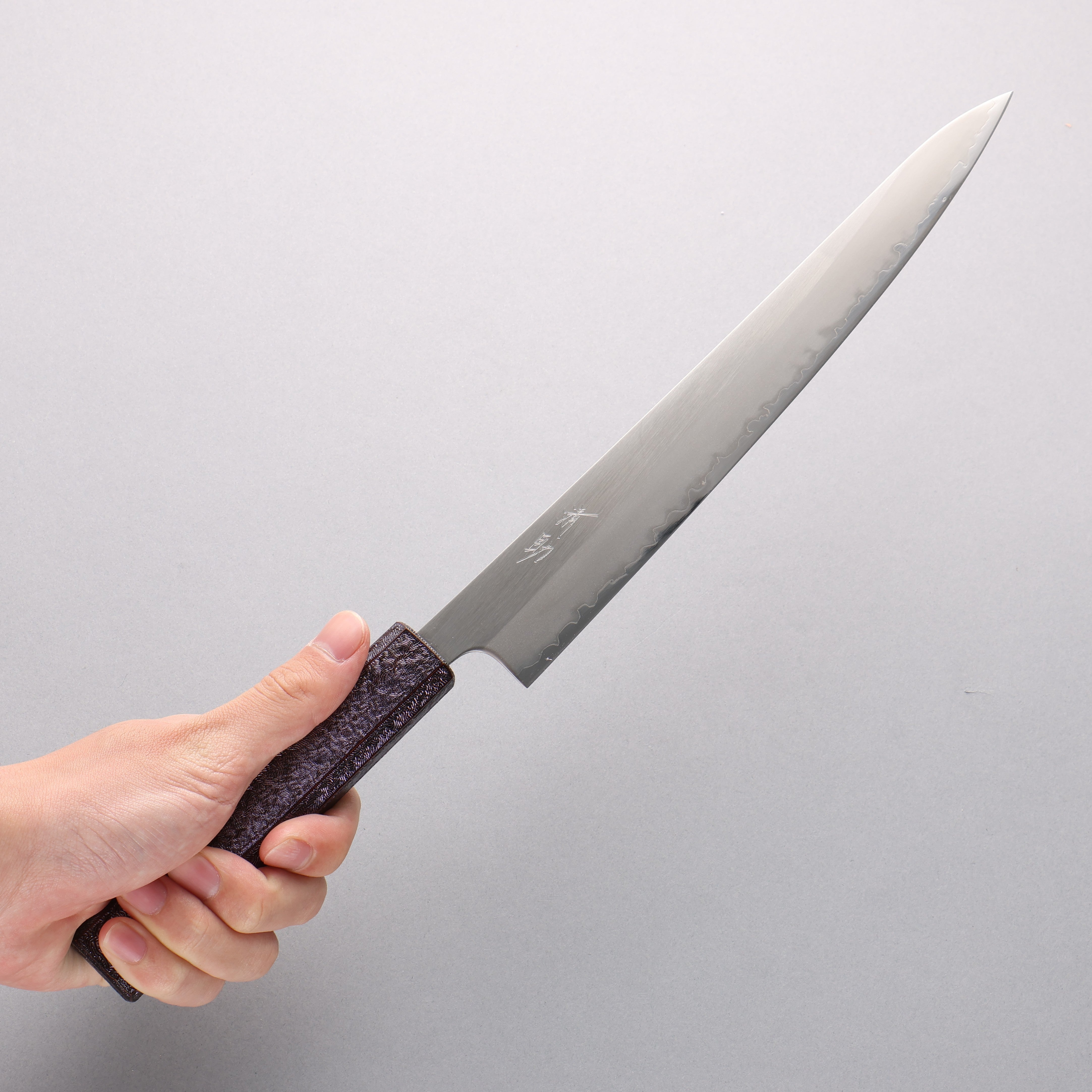 Seisuke White Steel No.1 Migaki Polish Finish Sujihiki 240mm Oak with Purple Lacquer Handle - Japanny - Best Japanese Knife