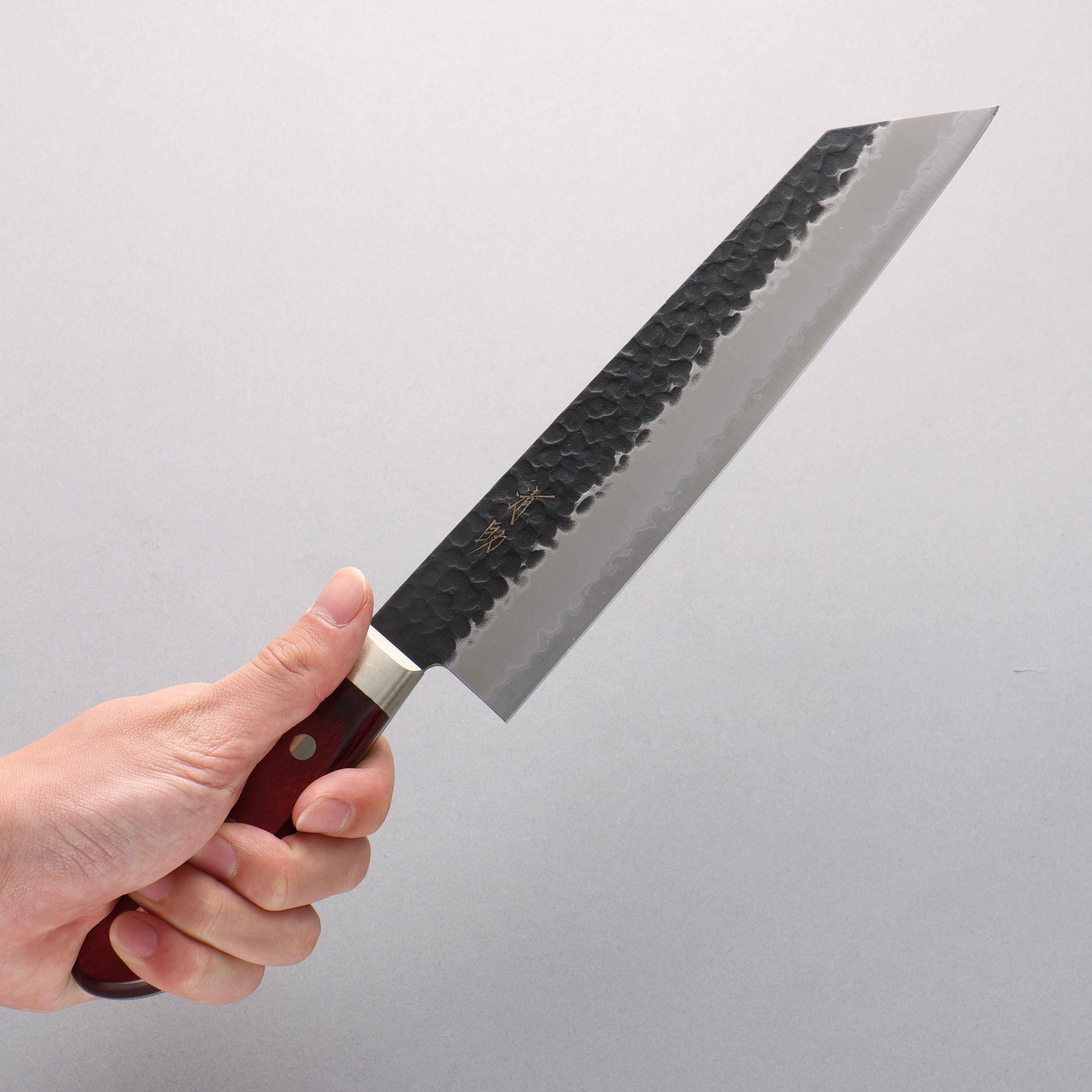 Seisuke Blue Super Hammered Kurouchi Kiritsuke Gyuto 210mm Red Pakka wood Handle - Japanny - Best Japanese Knife