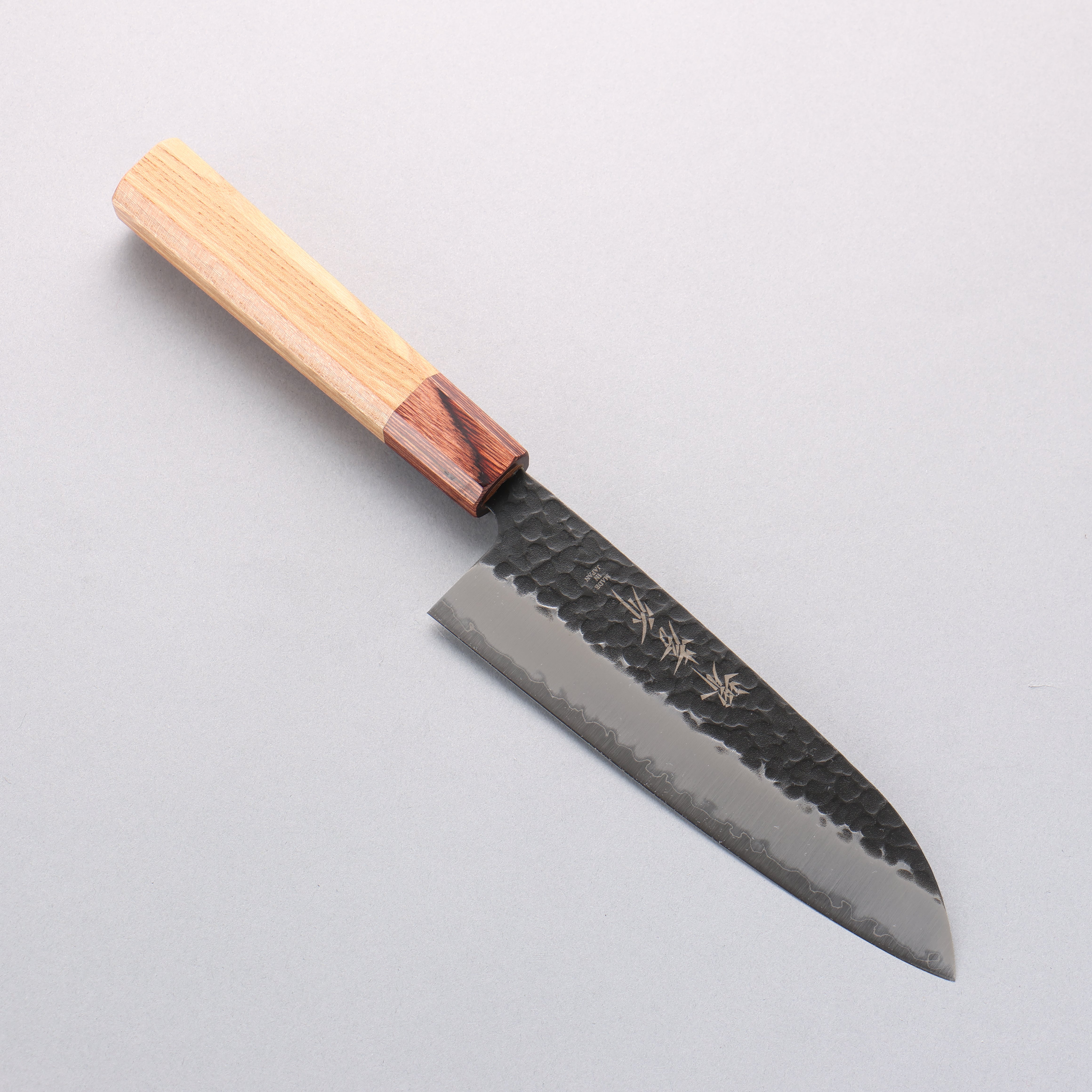 Sakai Takayuki Blue Super Hammered Black Finished Santoku 165mm Keyaki (Japanese Elm) Handle - Japanny - Best Japanese Knife