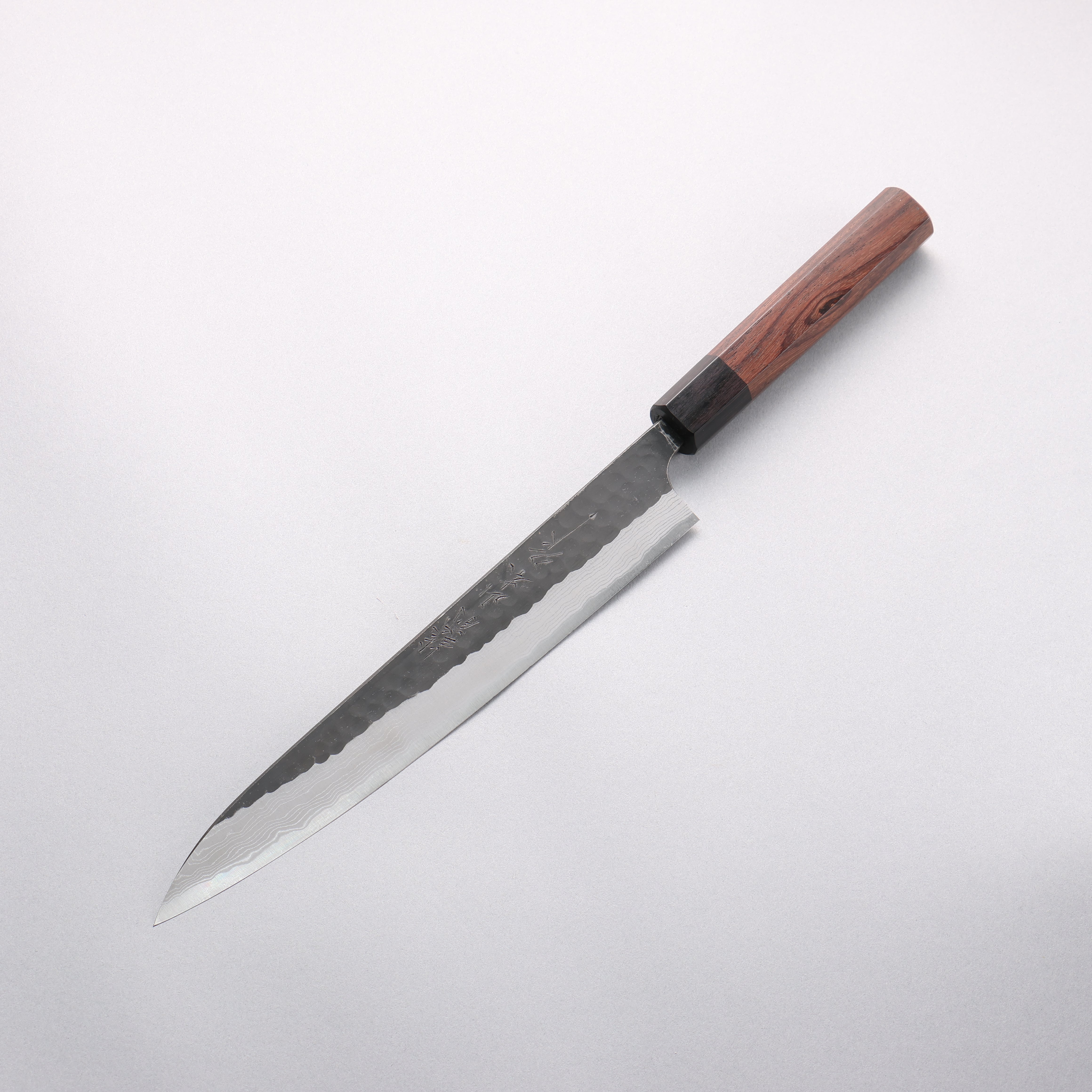 Nao Yamamoto Blue Super Kurouchi Hammered Damascus Yanagiba 240mm Rosewood Handle - Japanny - Best Japanese Knife