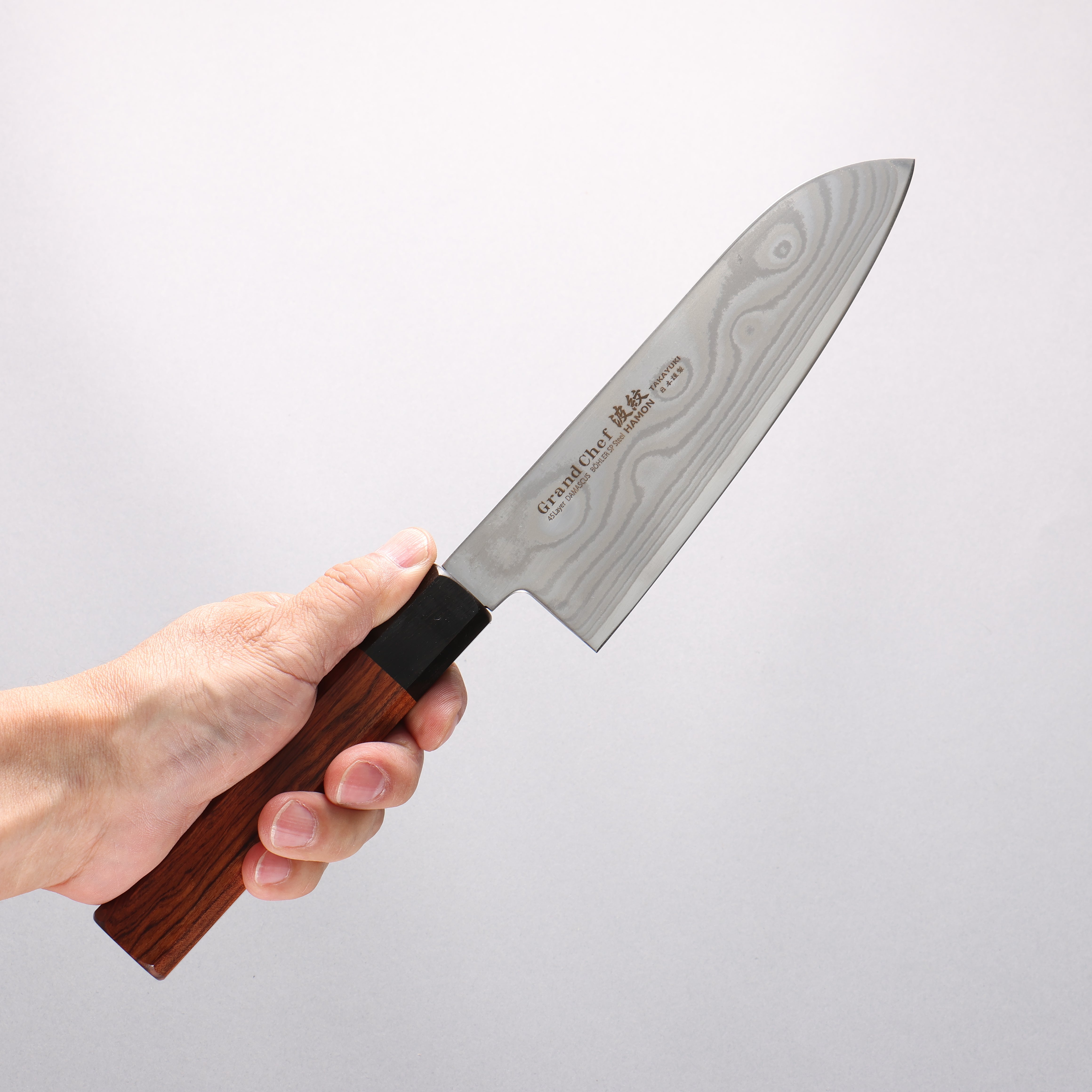 Sakai Takayuki Grand Chef Hamon Böhler SP Steel 45 Layer Damascus Santoku 170mm Rosewood (Ferrule: Black Pakka Wood) Handle - Japanny - Best Japanese Knife