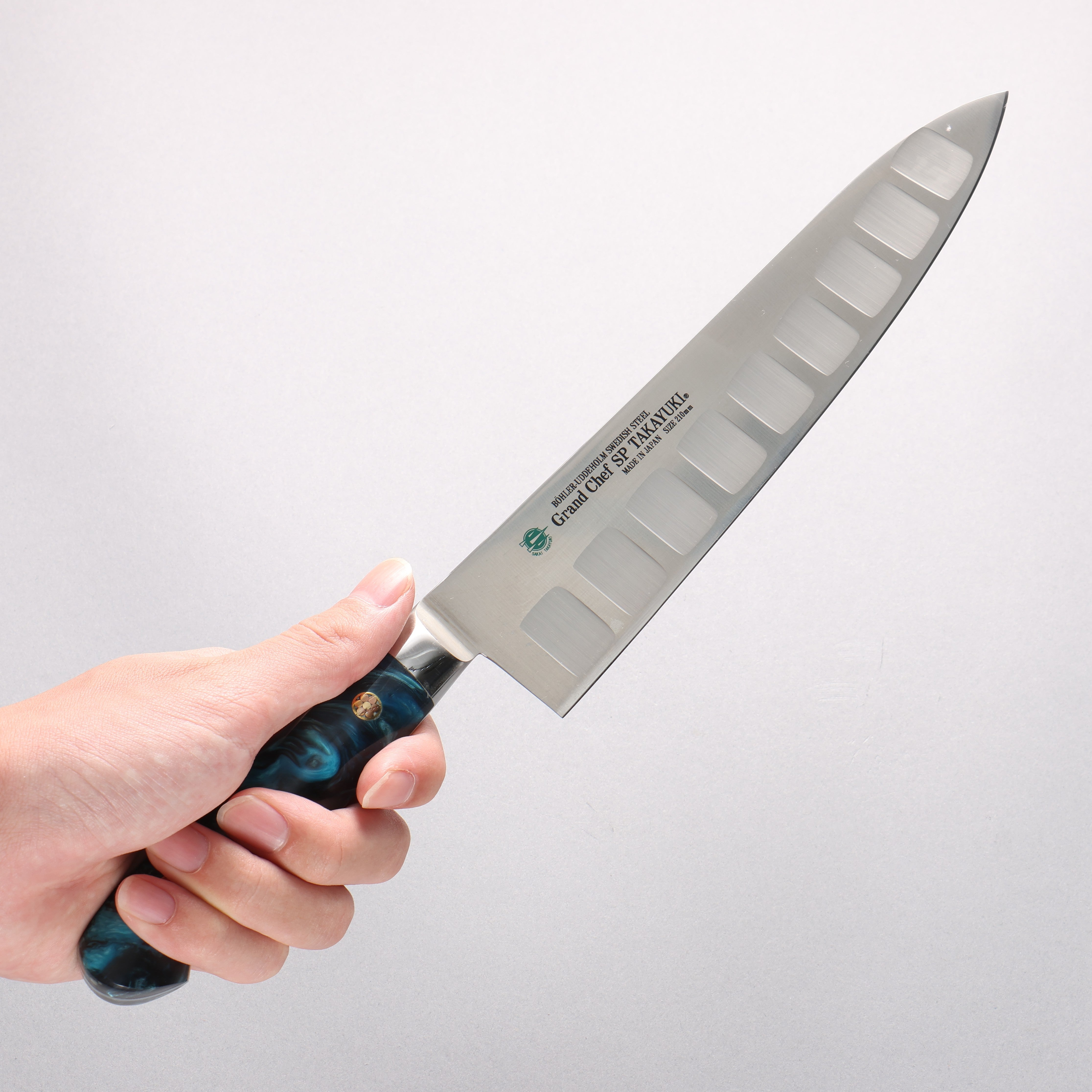Sakai Takayuki Grand Chef SP Uddeholm Swedish stain-resistant steel Gyuto Salmon 210mm SP Type III (Ocean) Handle - Japanny - Best Japanese Knife
