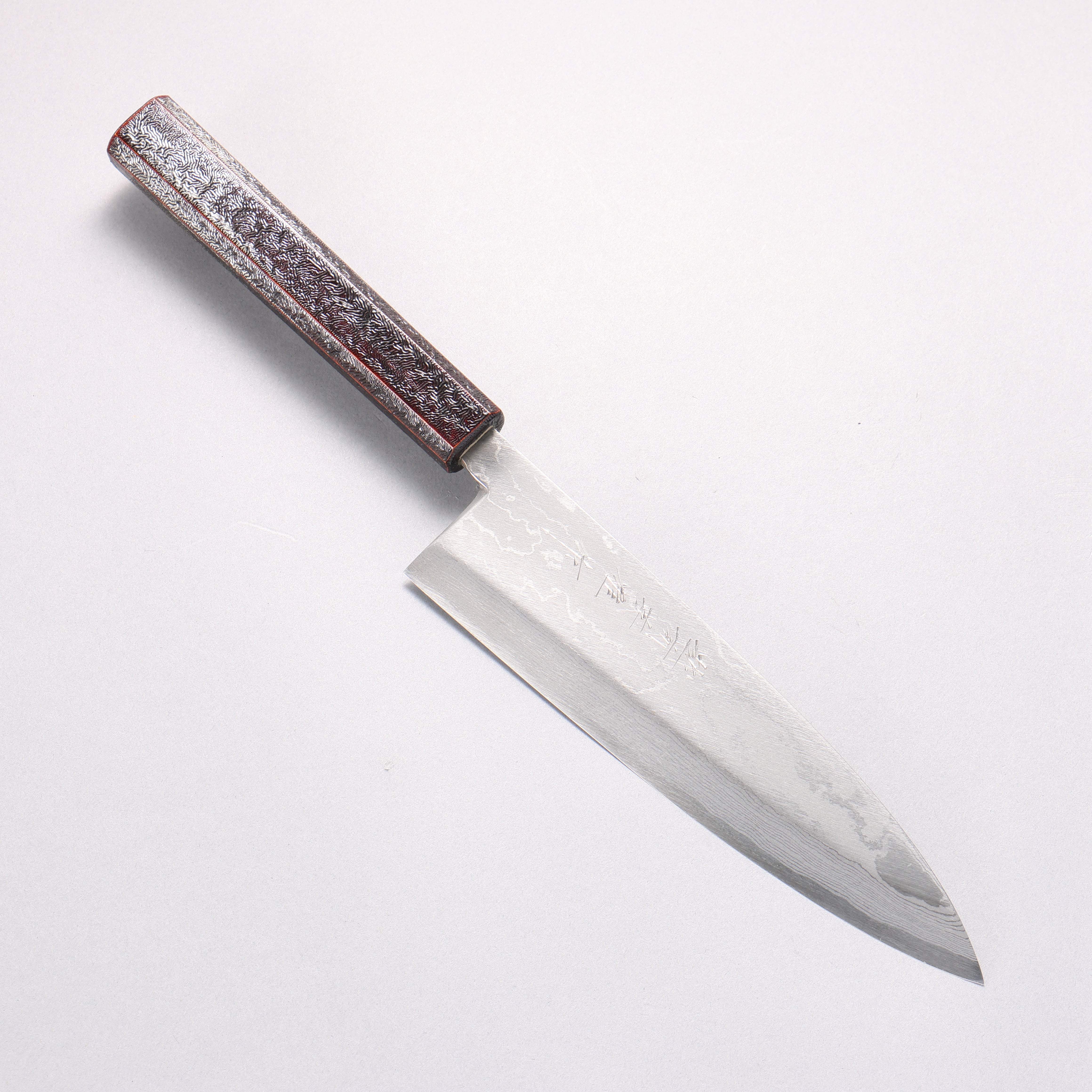 Hideo Kitaoka White Steel No.2 Damascus Mioroshi Deba 195mm Oak with Black Silver Lacquer Handle - Japanny - Best Japanese Knife