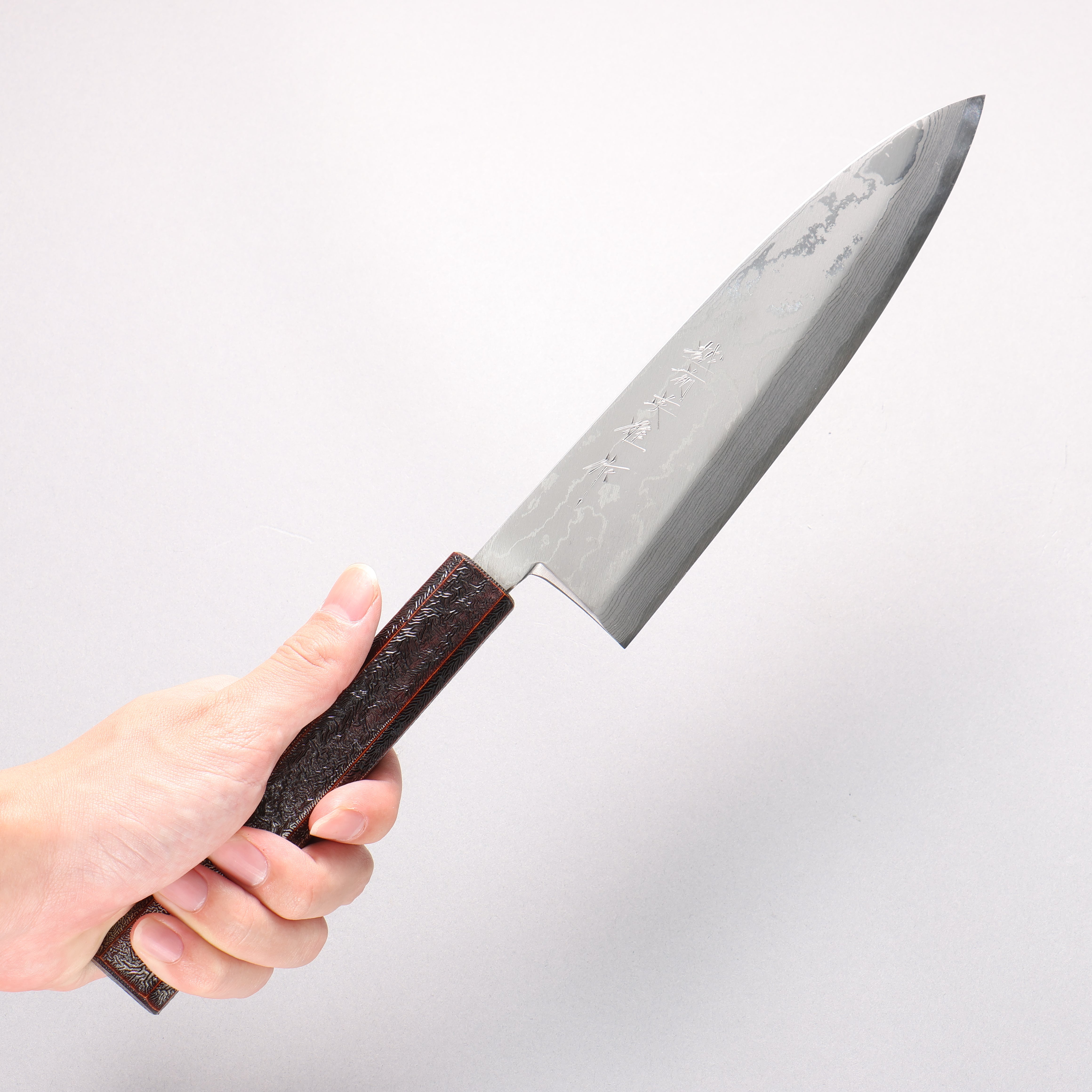 Hideo Kitaoka White Steel No.2 Damascus Mioroshi Deba 195mm Oak with Black Silver Lacquer Handle - Japanny - Best Japanese Knife