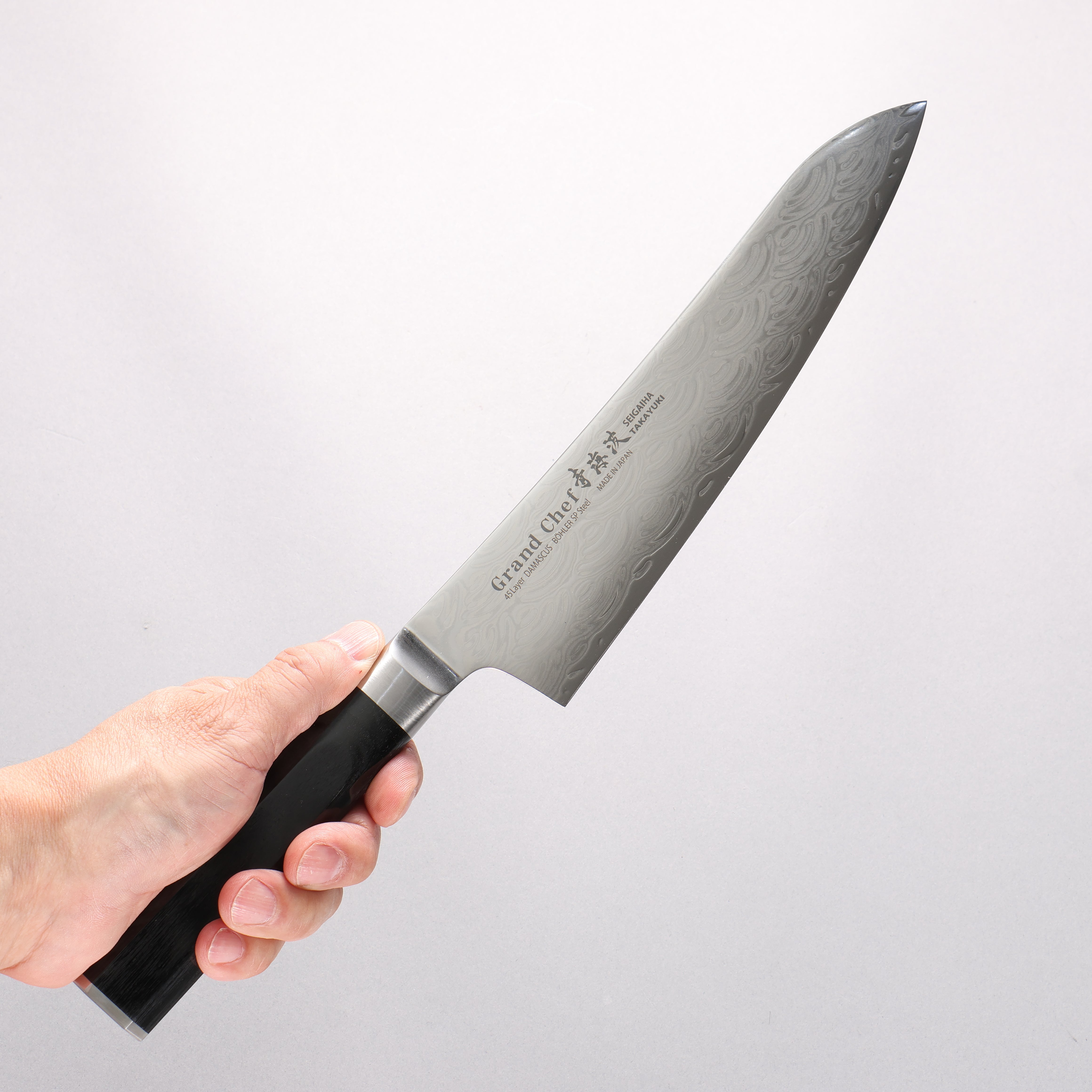 Sakai Takayuki Seigaiha (Blue Ocean Wave) Böhler SP Steel 45 Layer Damascus Migaki Finished Gyuto 210mm Black Pakka wood Handle - Japanny - Best Japanese Knife