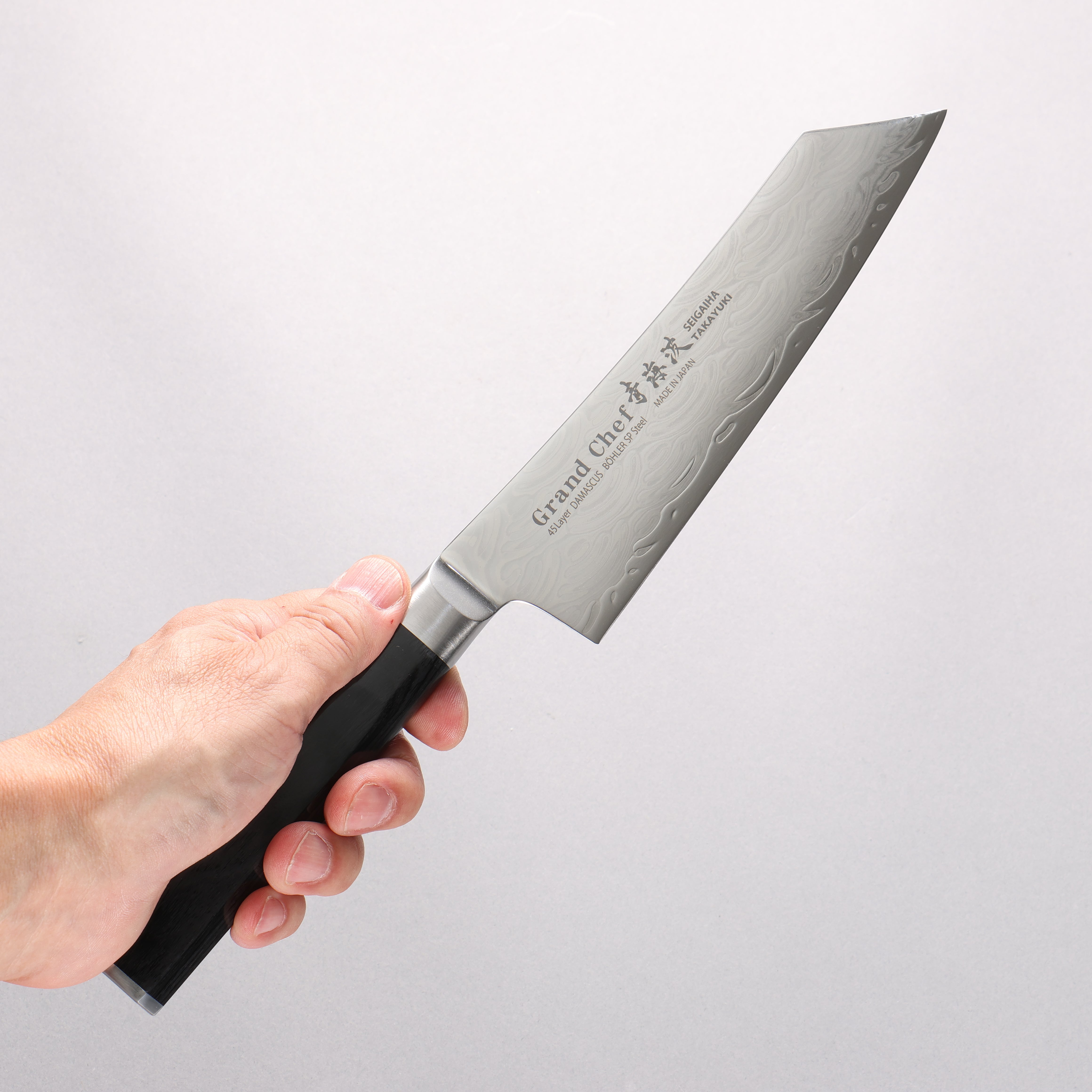 Sakai Takayuki Seigaiha (Blue Ocean Wave) Böhler SP Steel 45 Layer Damascus Migaki Finished Kengata Santoku 160mm Black Pakka wood Handle - Japanny - Best Japanese Knife