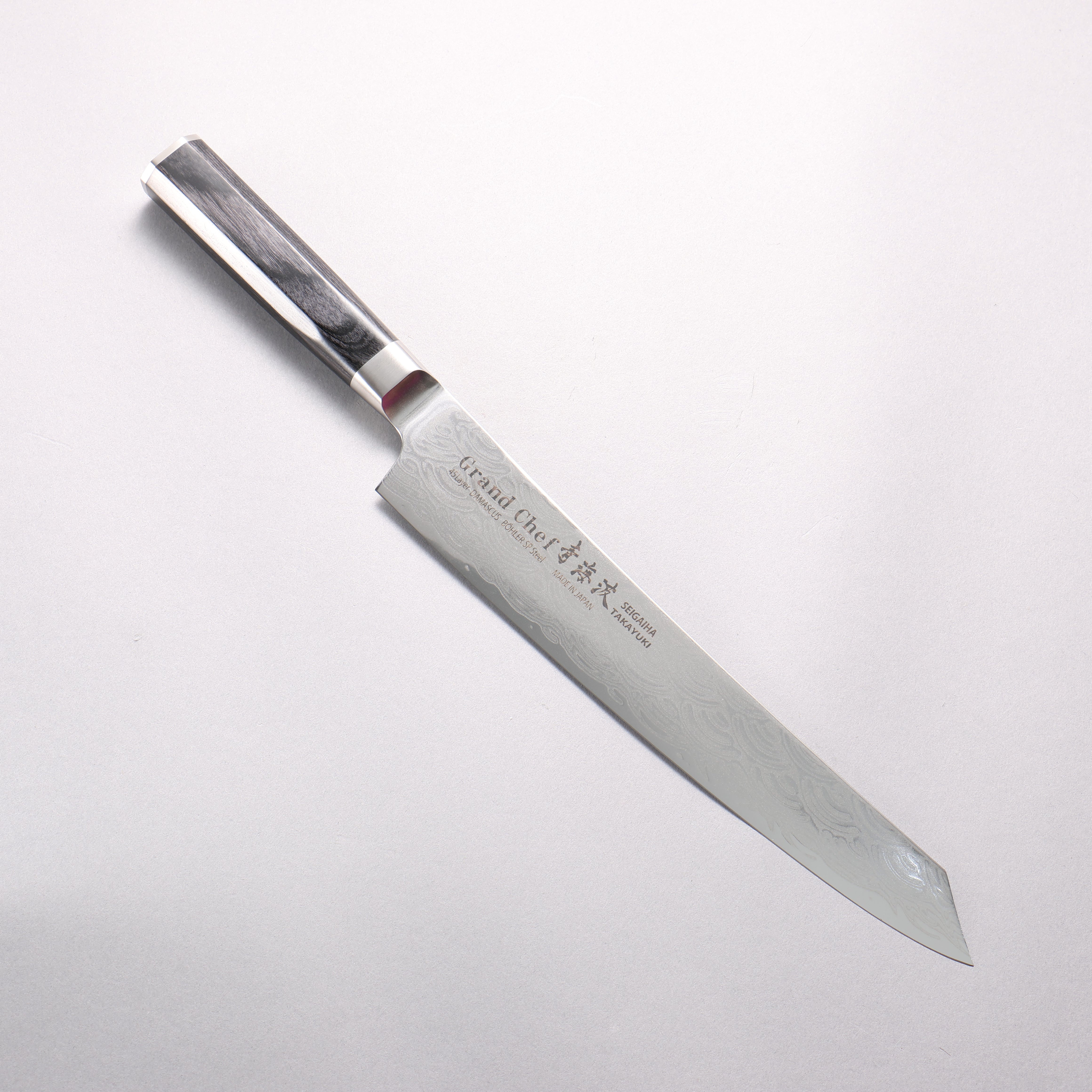 Sakai Takayuki Seigaiha (Blue Ocean Wave) Böhler SP Steel 45 Layer Damascus Migaki Finished Kengata Sujihiki 240mm Black Pakka wood Handle - Japanny - Best Japanese Knife