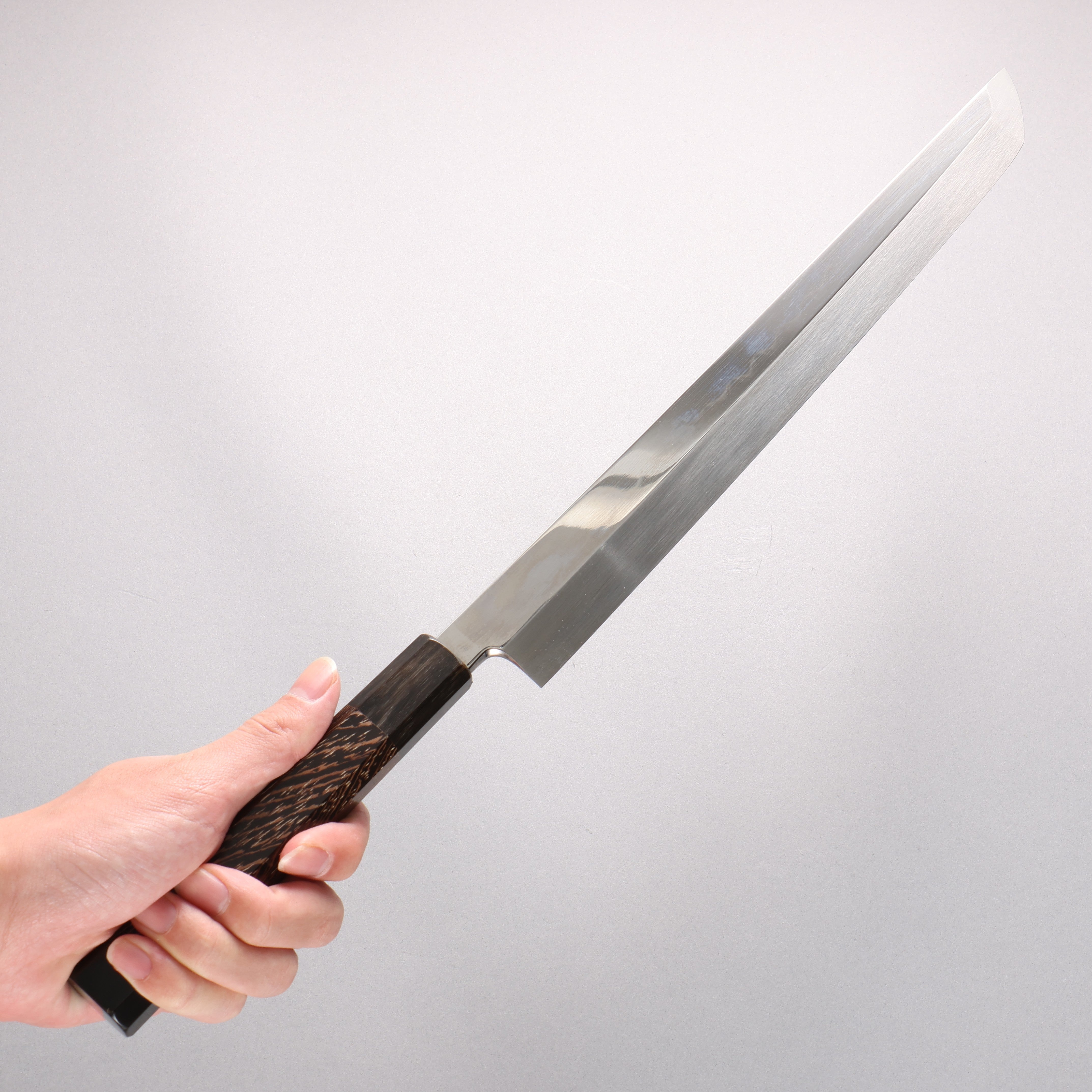 Sakai Takayuki Water Quenching Honyaki White Steel No.2 Mirrored Finish Sakimaru Yanagiba 300mm Wenge with Double Water Buffalo Ring Handle with Sheath - Japanny - Best Japanese Knife