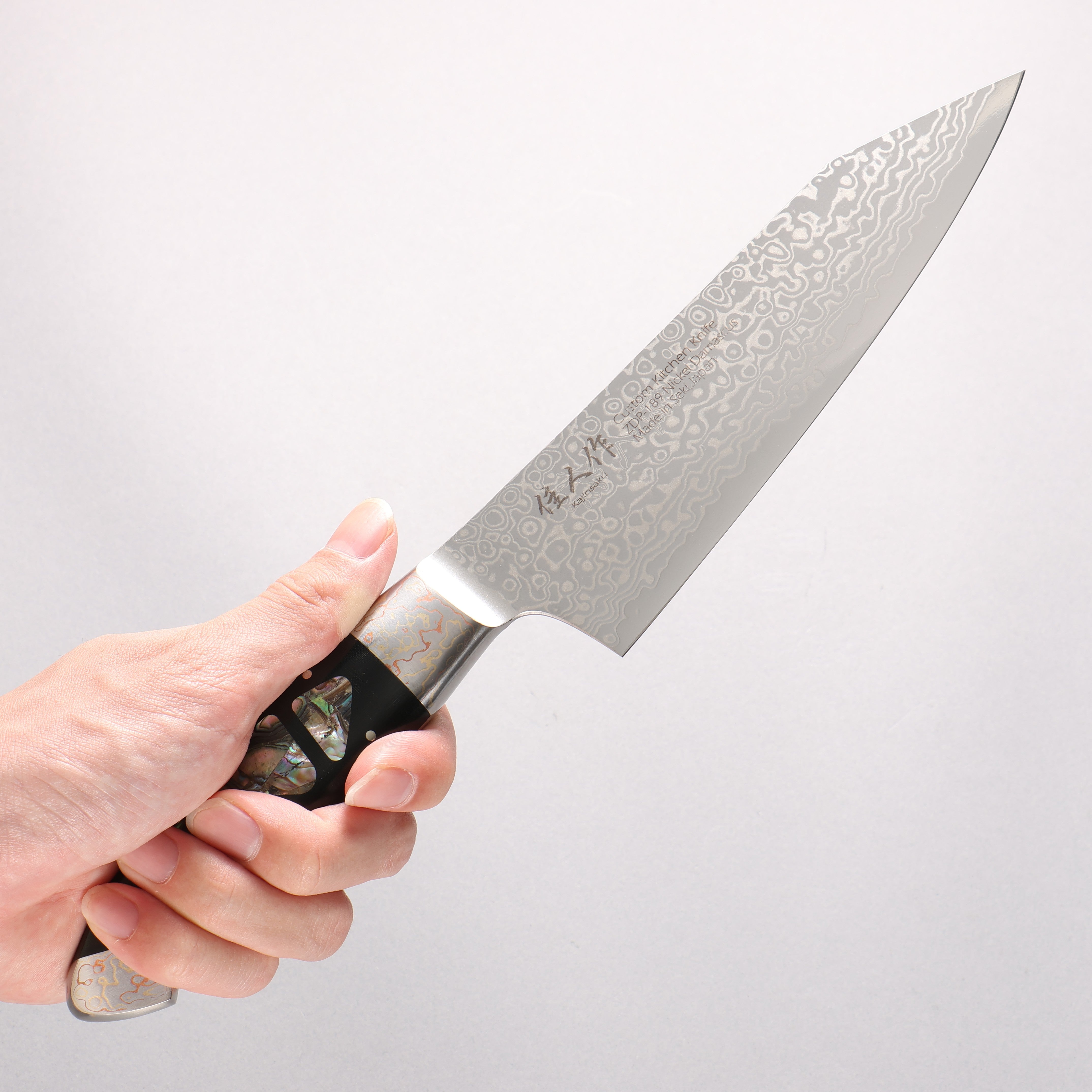 Kajin ZDP189 Damascus Migaki Finished Kiritsuke Santoku 165mm Abalone Inlay Handle - Japanny - Best Japanese Knife