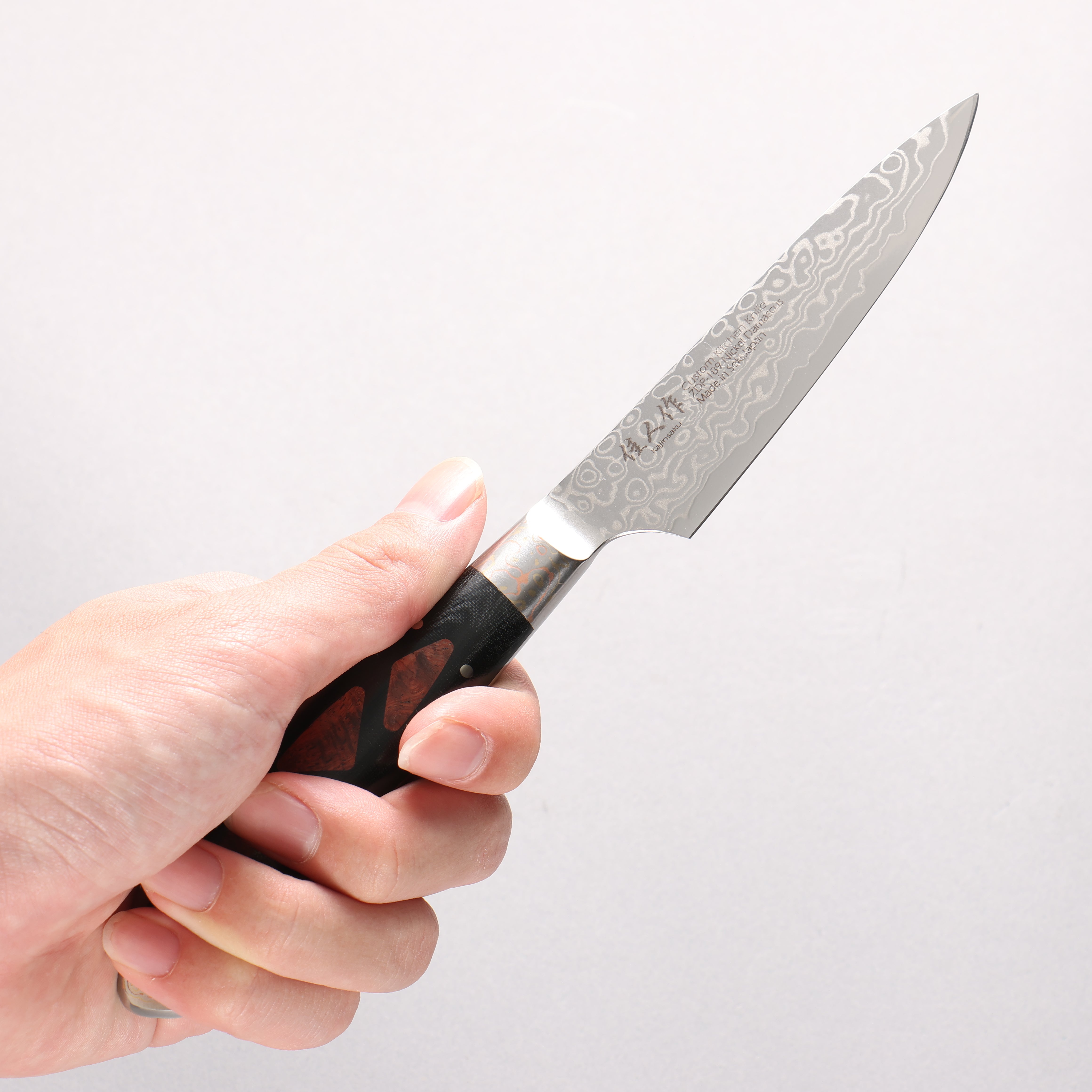 Kajin ZDP189 Damascus Migaki Finished Petty-Utility 95mm Chinese Quince Burl Inlay Handle - Japanny - Best Japanese Knife