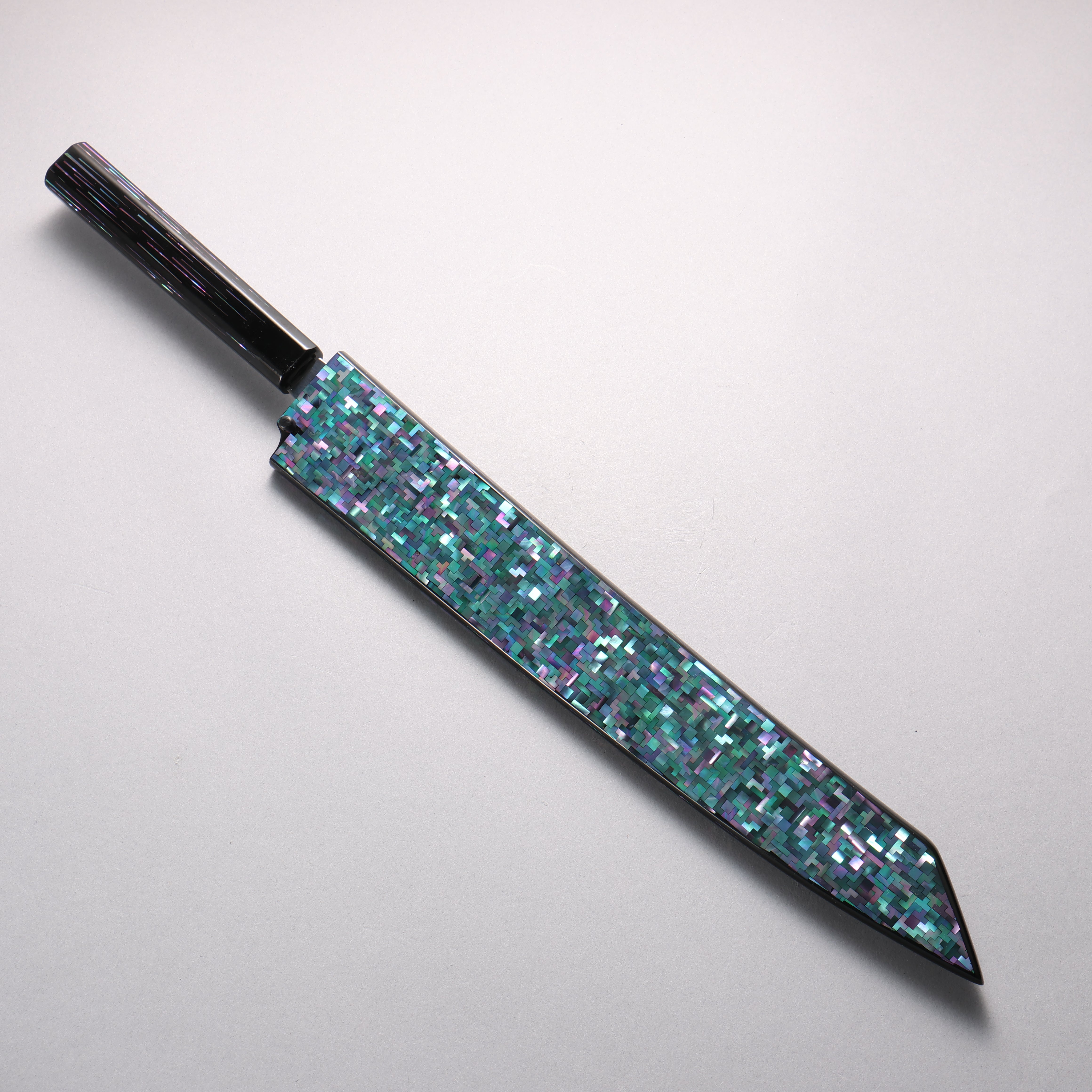 Sakai Takayuki Honyaki Hien VG10 Mirrored Finish Kengata Yanagiba 300mm Black Lacquered (with Mother of Pearl inlay) Handle with Sheath Tetris Pattern MOP inlay (テトリス調螺鈿) - Japanny - Best Japanese Knife