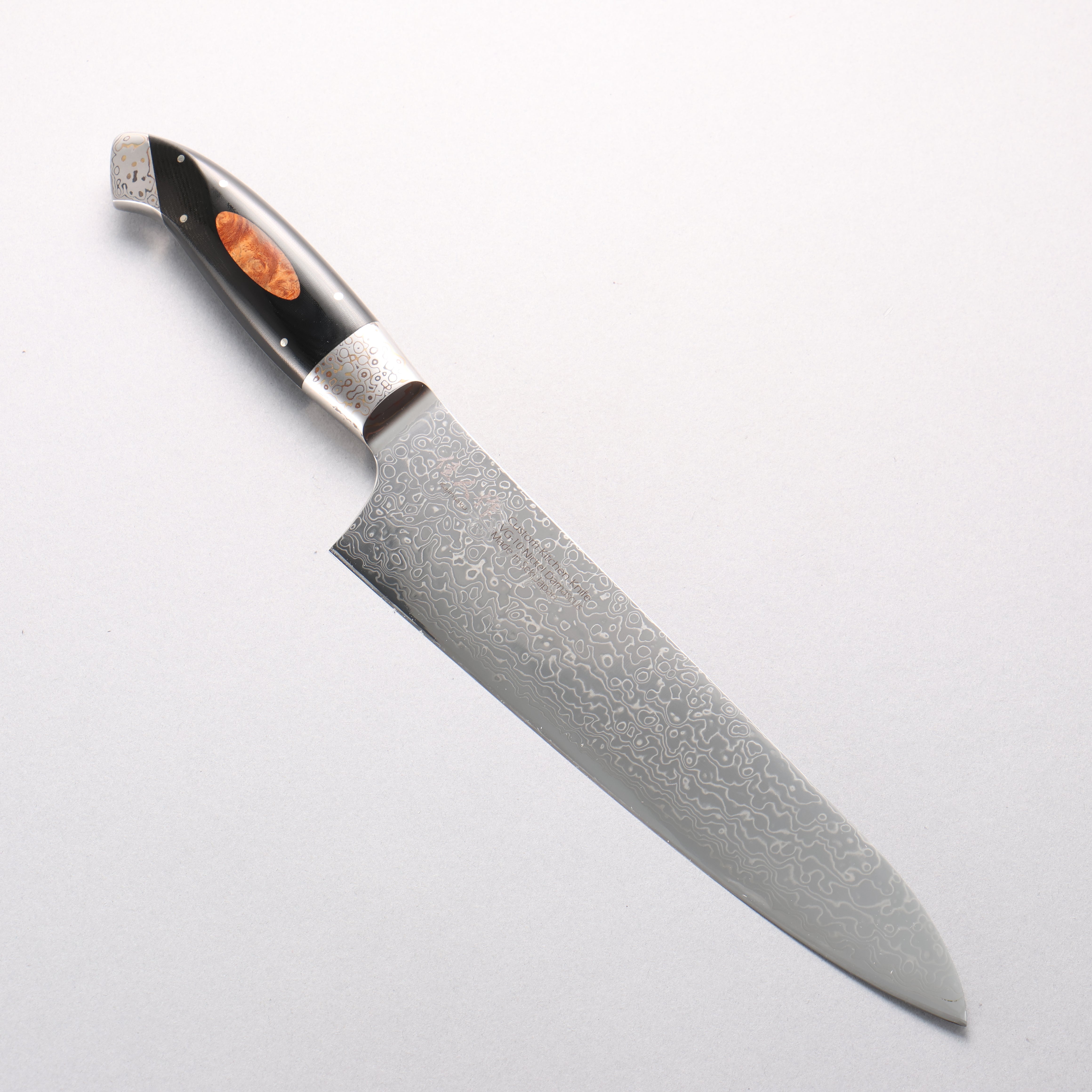 Kajin VG10 Damascus Gyuto 210mm Black Micarta (Wood Inlay) Handle