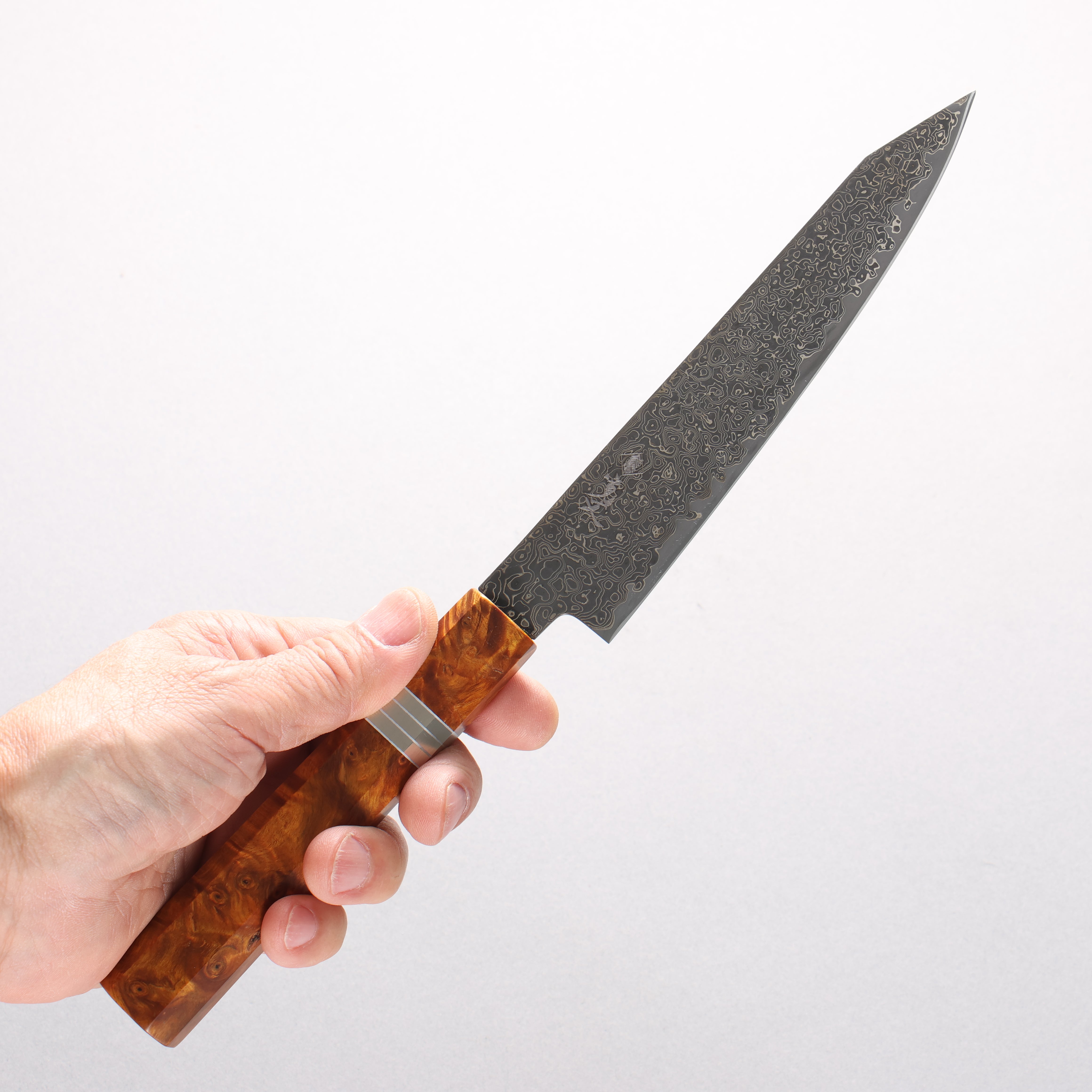 Kanjyo SG2 Black Damascus Kiritsuke Petty-Utility 150mm Brown Stabilized Wood (Silver Rings) Handle