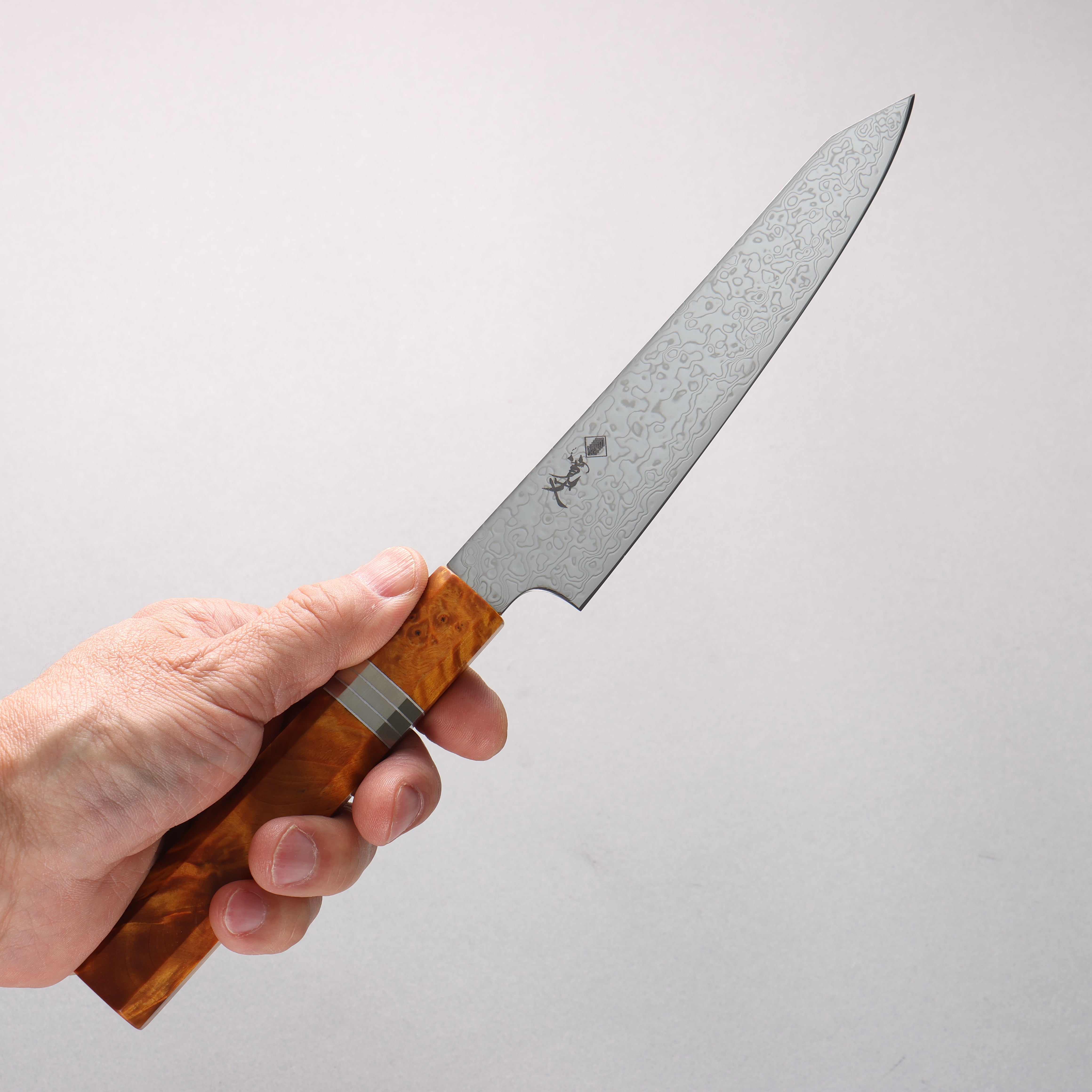 Kanjyo SG2 Damascus Migaki Finished Kiritsuke Petty-Utility 150mm Brown Stabilized Wood (Silver Rings) Handle - Japanny - Best Japanese Knife