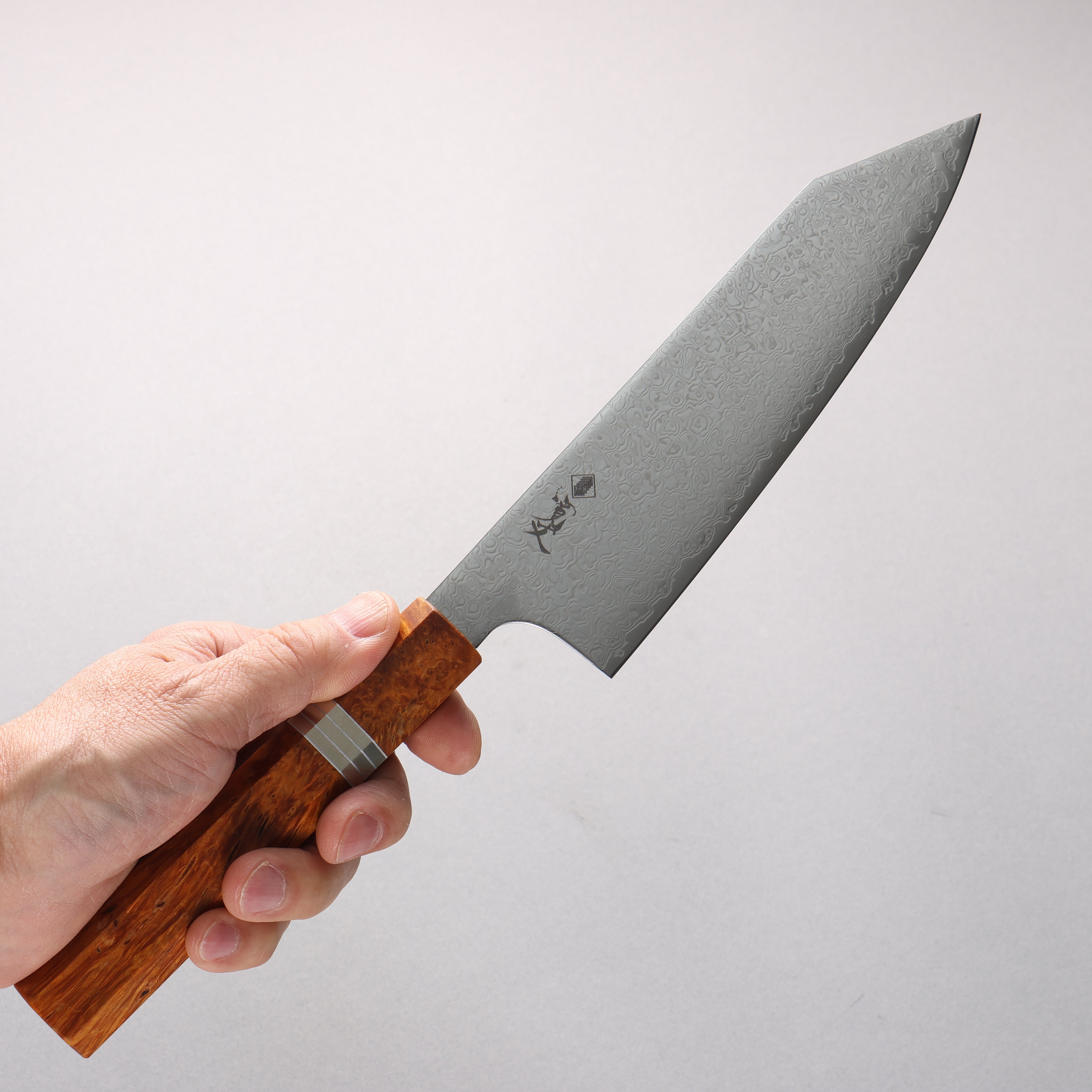 Kanjyo SG2 Damascus Migaki Finished Kiritsuke Santoku 180mm Brown Stabilized Wood (Silver Rings) Handle - Japanny - Best Japanese Knife