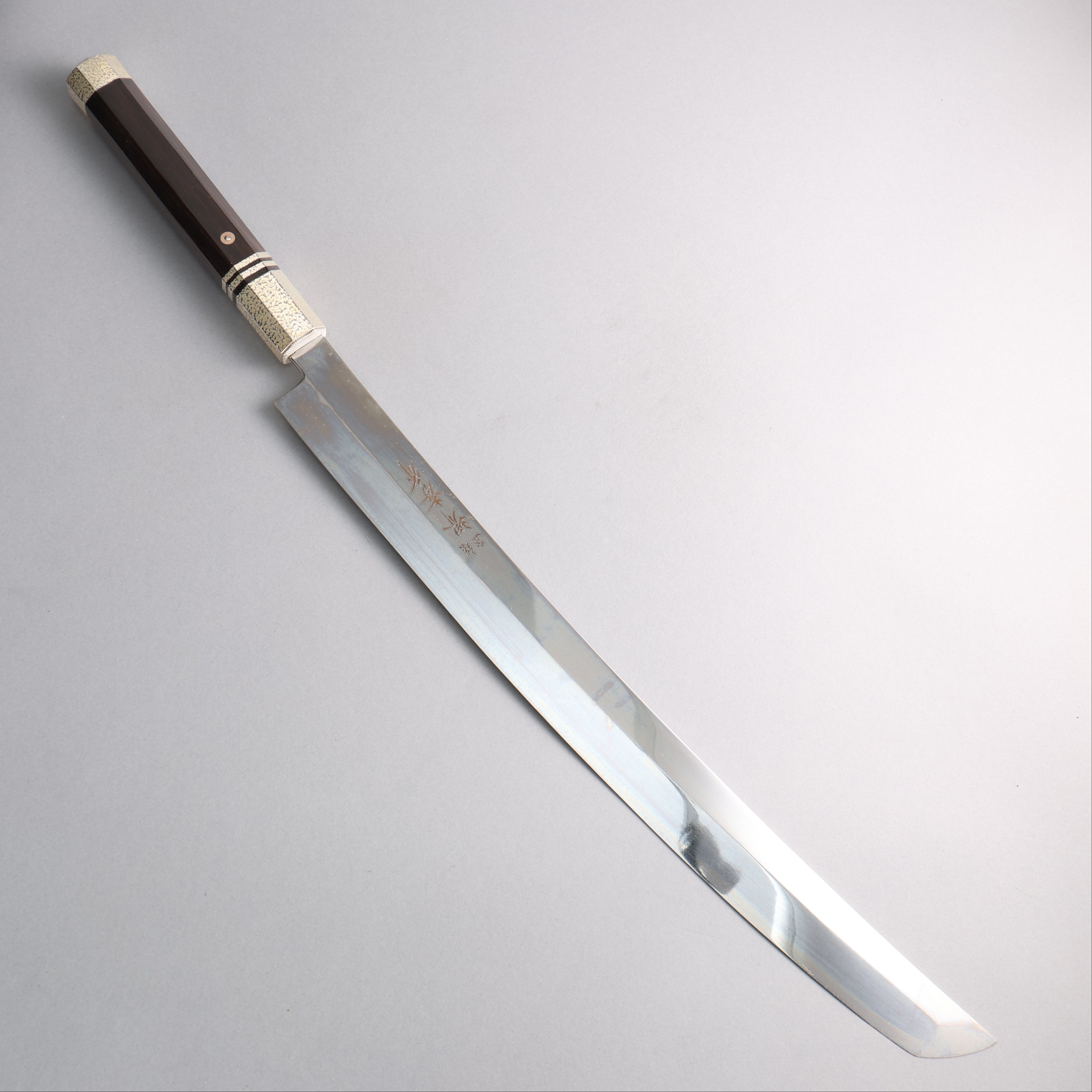 Sakai Takayuki Honyaki Silver Steel No.3 Mirrored Finish Sakimaru Yanagiba 510mm Ebony Wood (with Top and Bottom Silver Ferrules) Handle with Sheath - Japanny - Best Japanese Knife