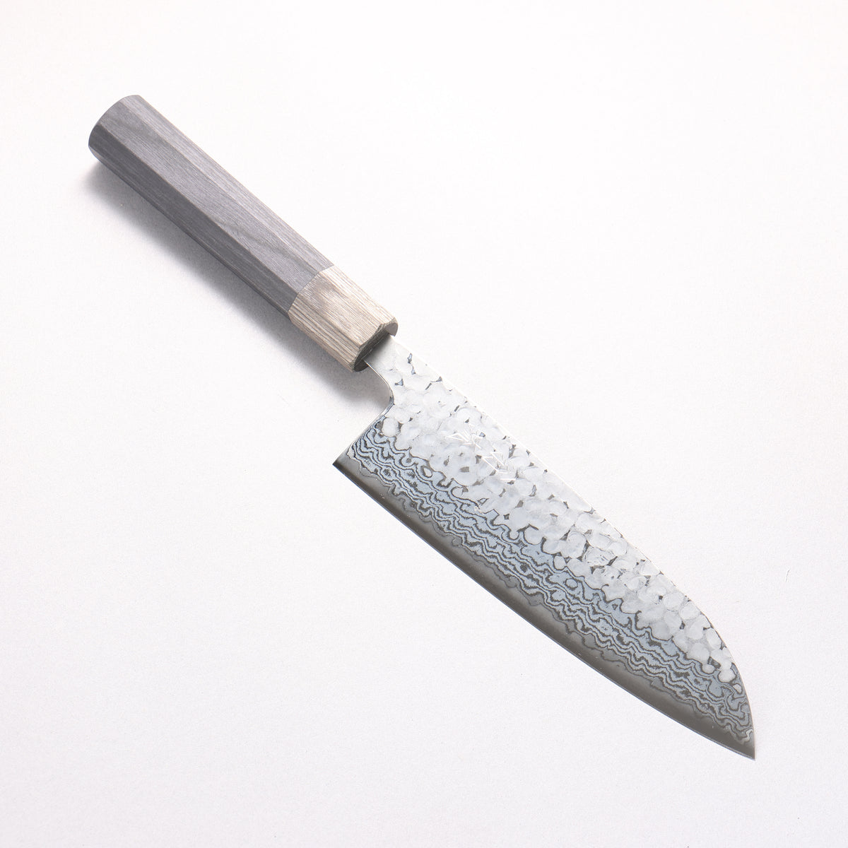 Oul Silver Steel No.3 Hammered Damascus Moon White Santoku 165mm Black Pakka wood Handle