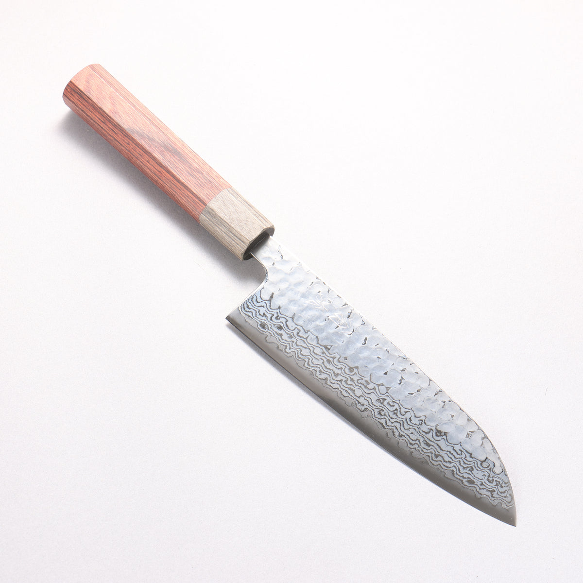 Oul Silver Steel No.3 Hammered Damascus Moon White Santoku 165mm Mahogany Pakka wood Handle