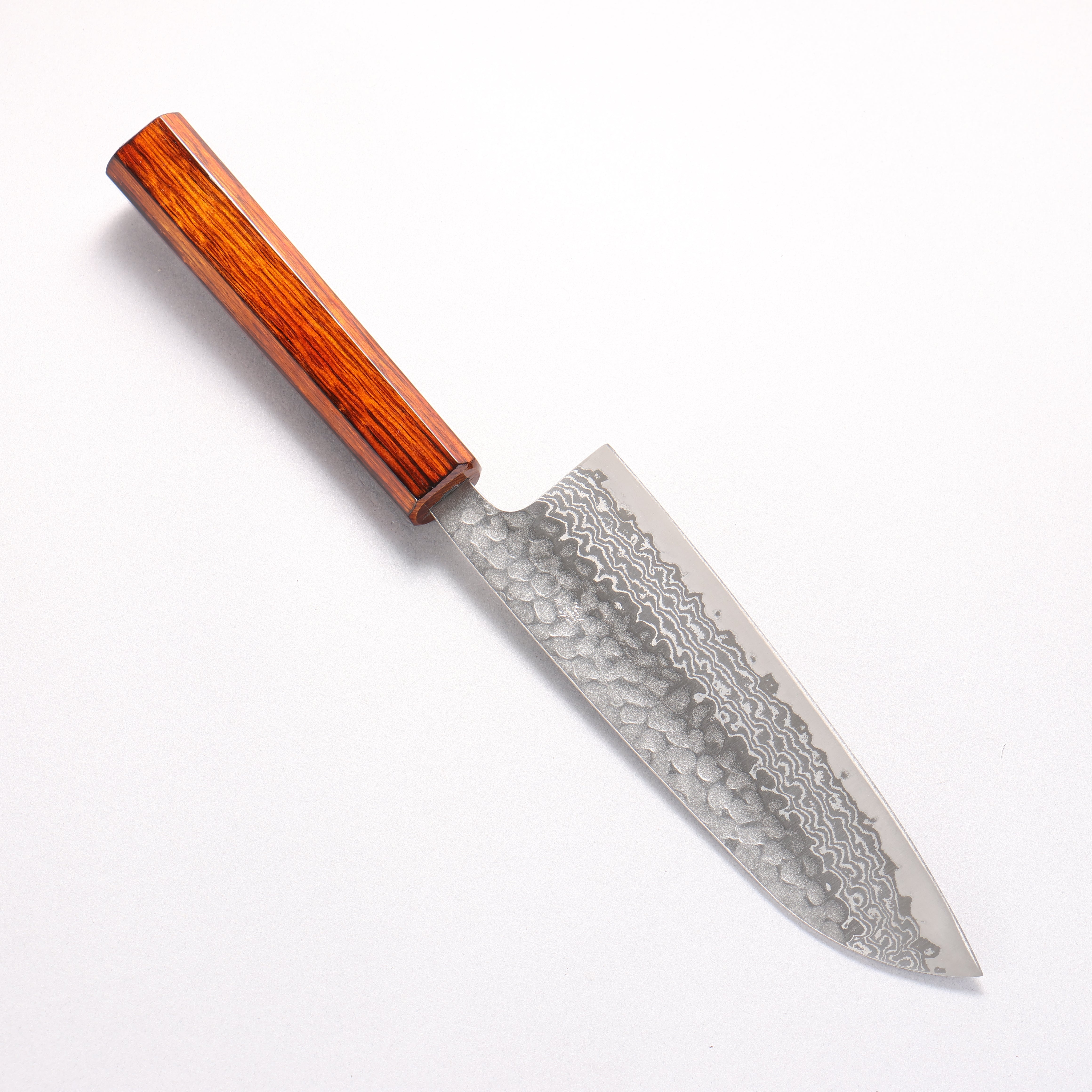 Oul Silver Steel No.3 Hammered Damascus Santoku 165mm Burnt Oak (Lacquered) Handle