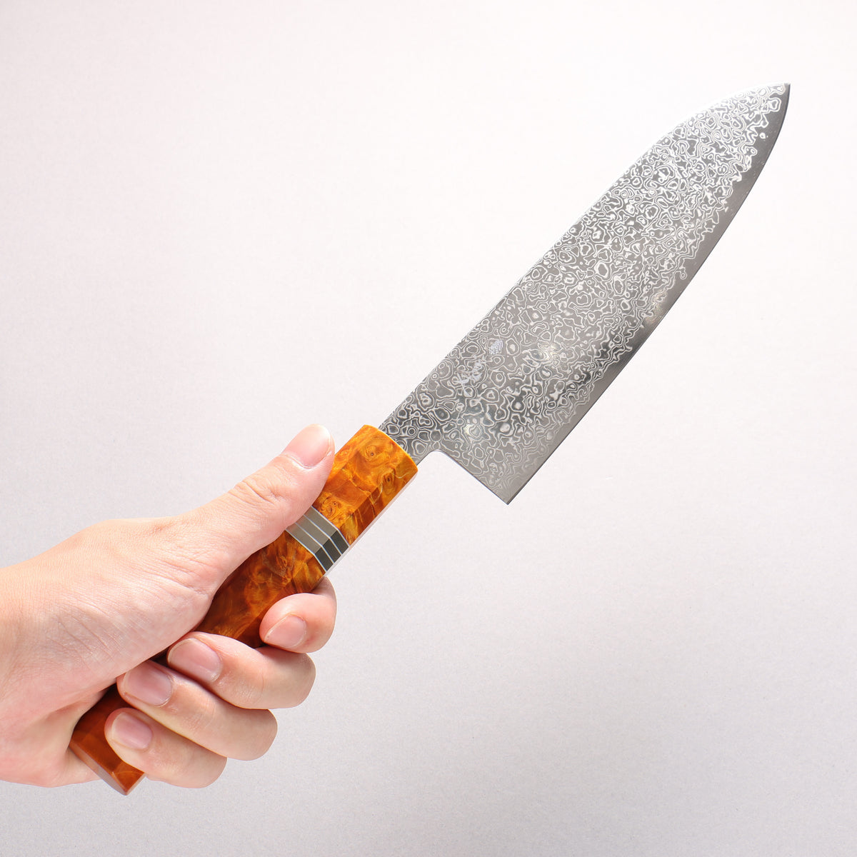 Kanjyo SG2 Damascus Migaki Finished Santoku 180mm Brown Stabilized Wood (Silver Rings) Handle