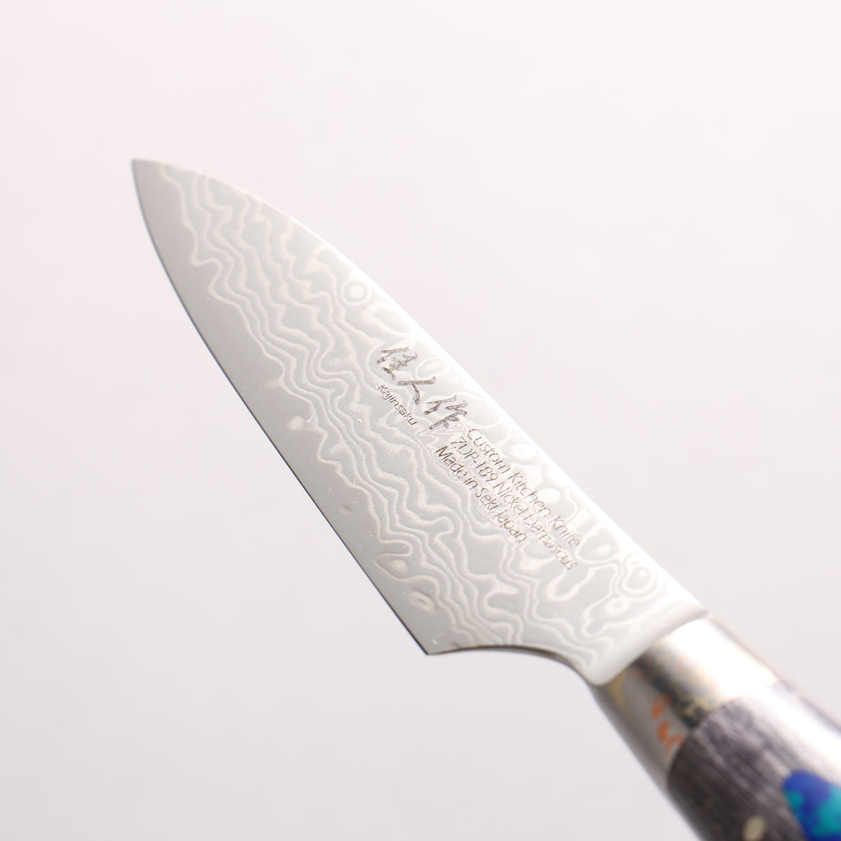 Kajin ZDP189 Damascus Migaki Finished Petty-Utility 95mm Stabilized Wood With Gemstone Inlayed Handle