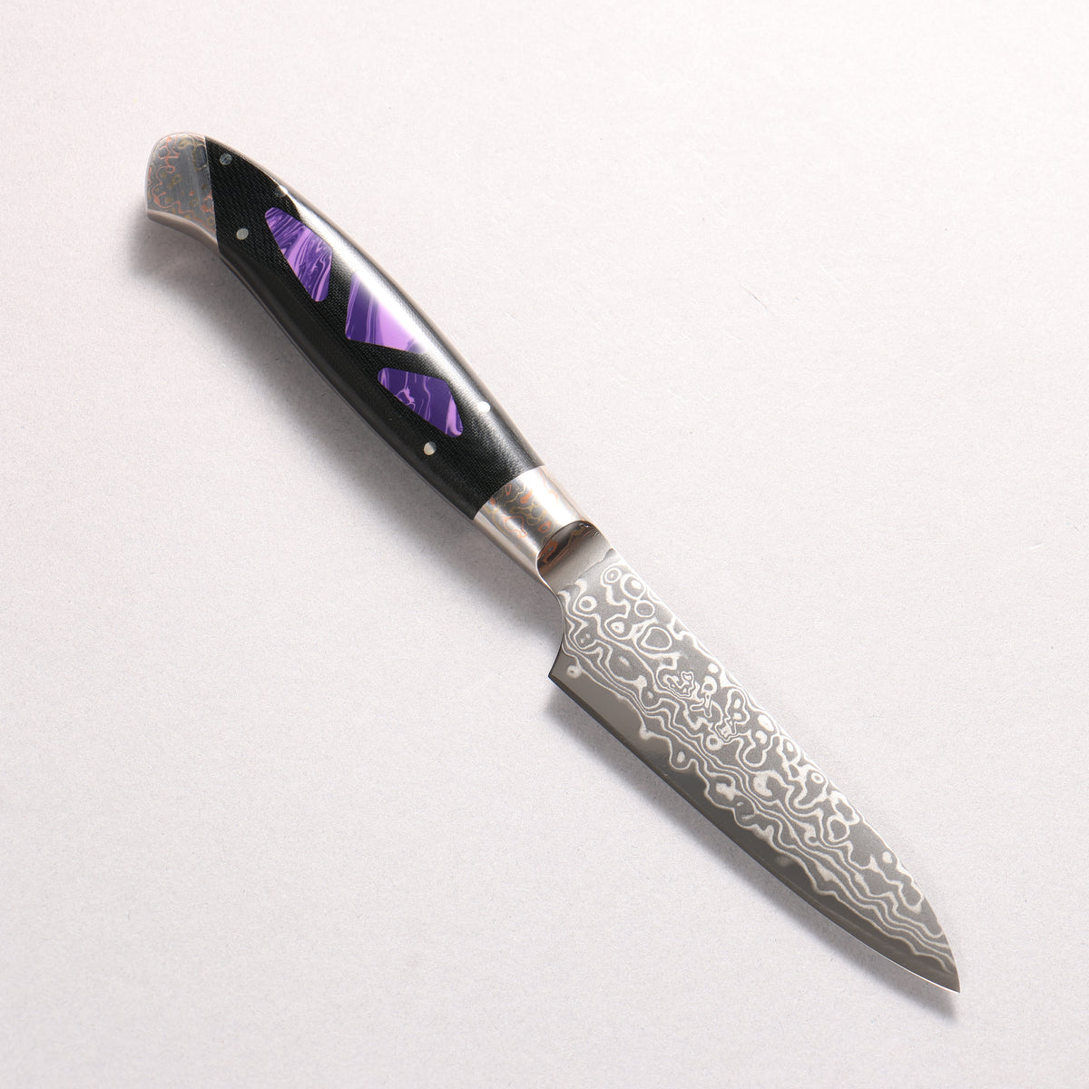 Kajin ZDP189 Damascus Migaki Finished Petty-Utility 95mm Linen Micarta With Gemstone Inlayed Handle