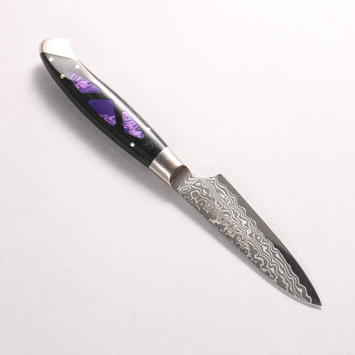 Kajin ZDP189 Damascus Migaki Finished Petty-Utility 95mm Linen Micarta With Gemstone Inlayed Handle