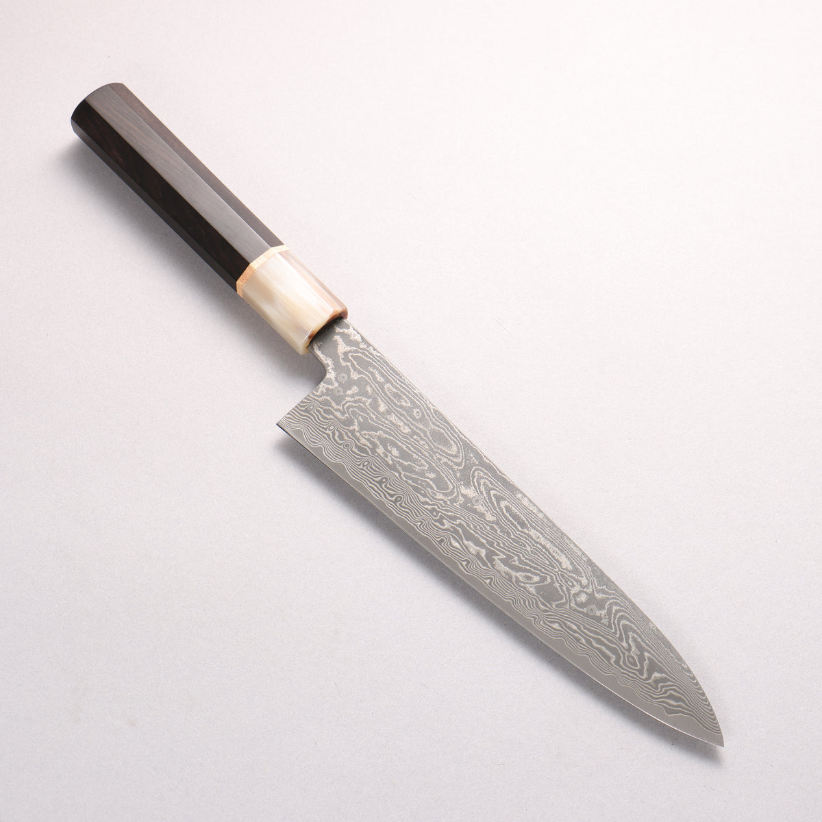 Satoshi Nakagawa SPG STRIX Black Damascus Gyuto 210mm Ebony (1 Maple Ring and Marble Water Buffalo Ferrule) Handle