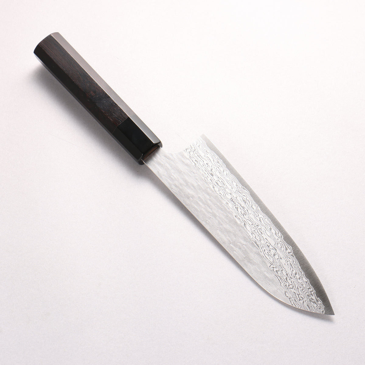 Nigara VG-XEOS Hammered Damascus Santoku 180mm Ebony Wood (ferrule: Black Water Buffalo Horn) Handle