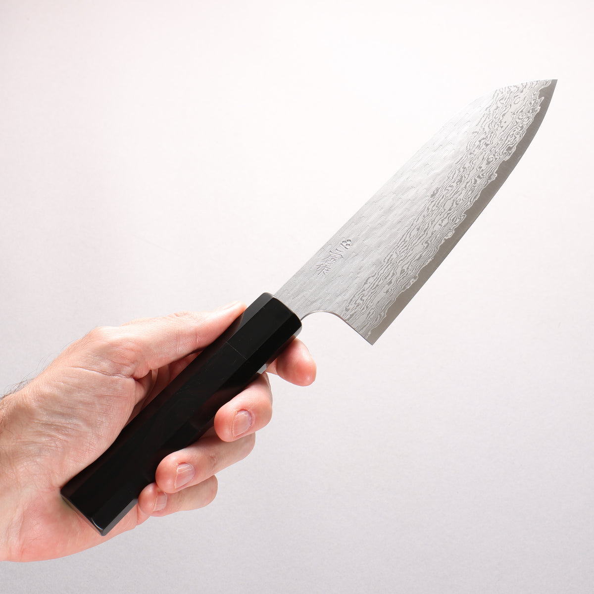 Nigara VG-XEOS Hammered Damascus Santoku 180mm Ebony Wood (ferrule: Black Water Buffalo Horn) Handle