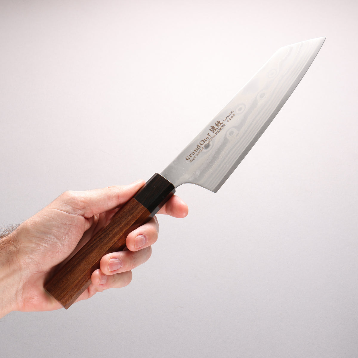 Sakai Takayuki Grand Chef Hamon Böhler SP Steel 45 Layer Damascus Kengata Gyuto 190mm Rosewood (Ferrule: Black Pakka Wood) Handle