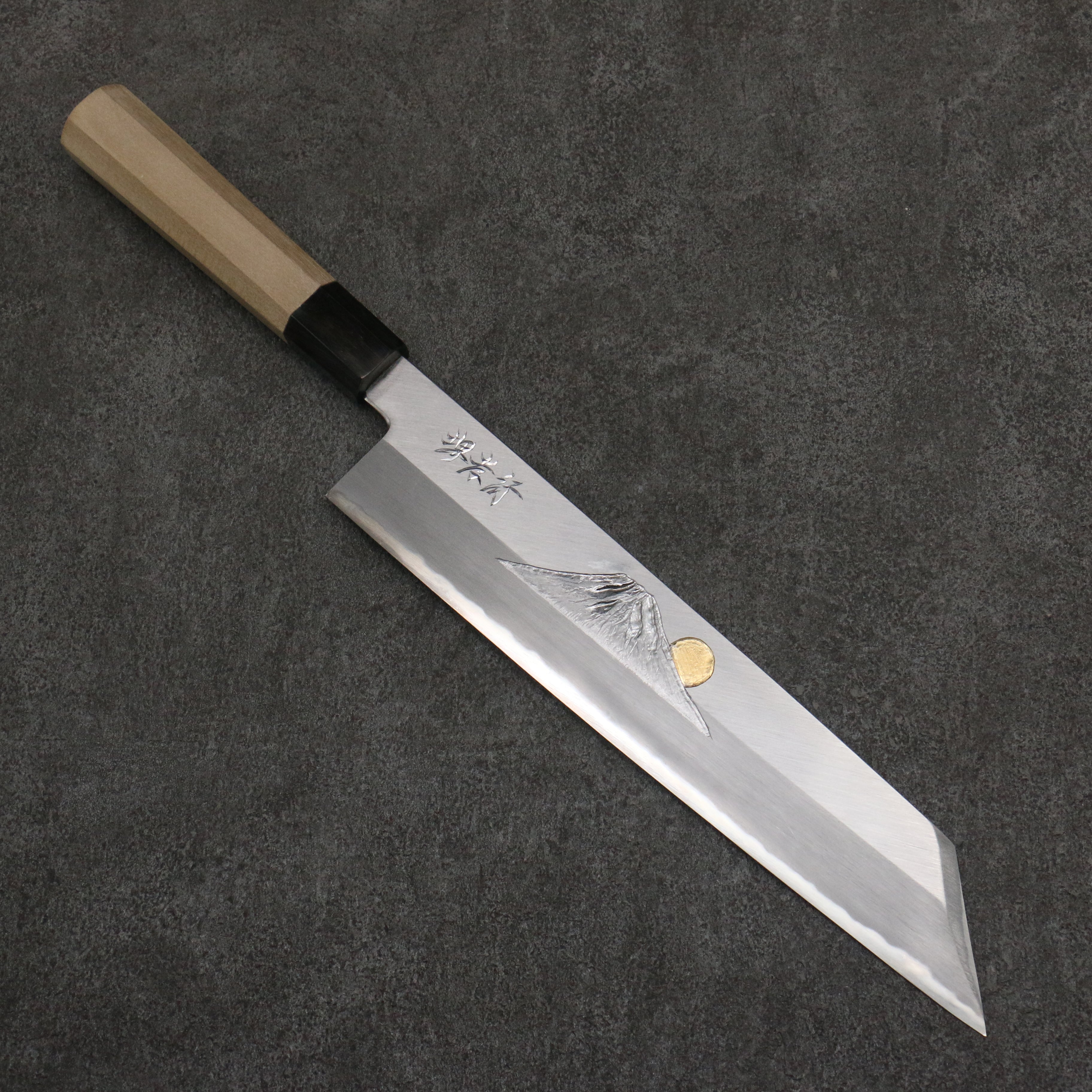 Sakai Takayuki Gold Filled Engraving by Kubota Fuji and Sunset Blue Steel No.2 Kiritsuke Gyuto 270mm Magnolia (Ferrule: Water Buffalo Horn) Handle - Japanny - Best Japanese Knife