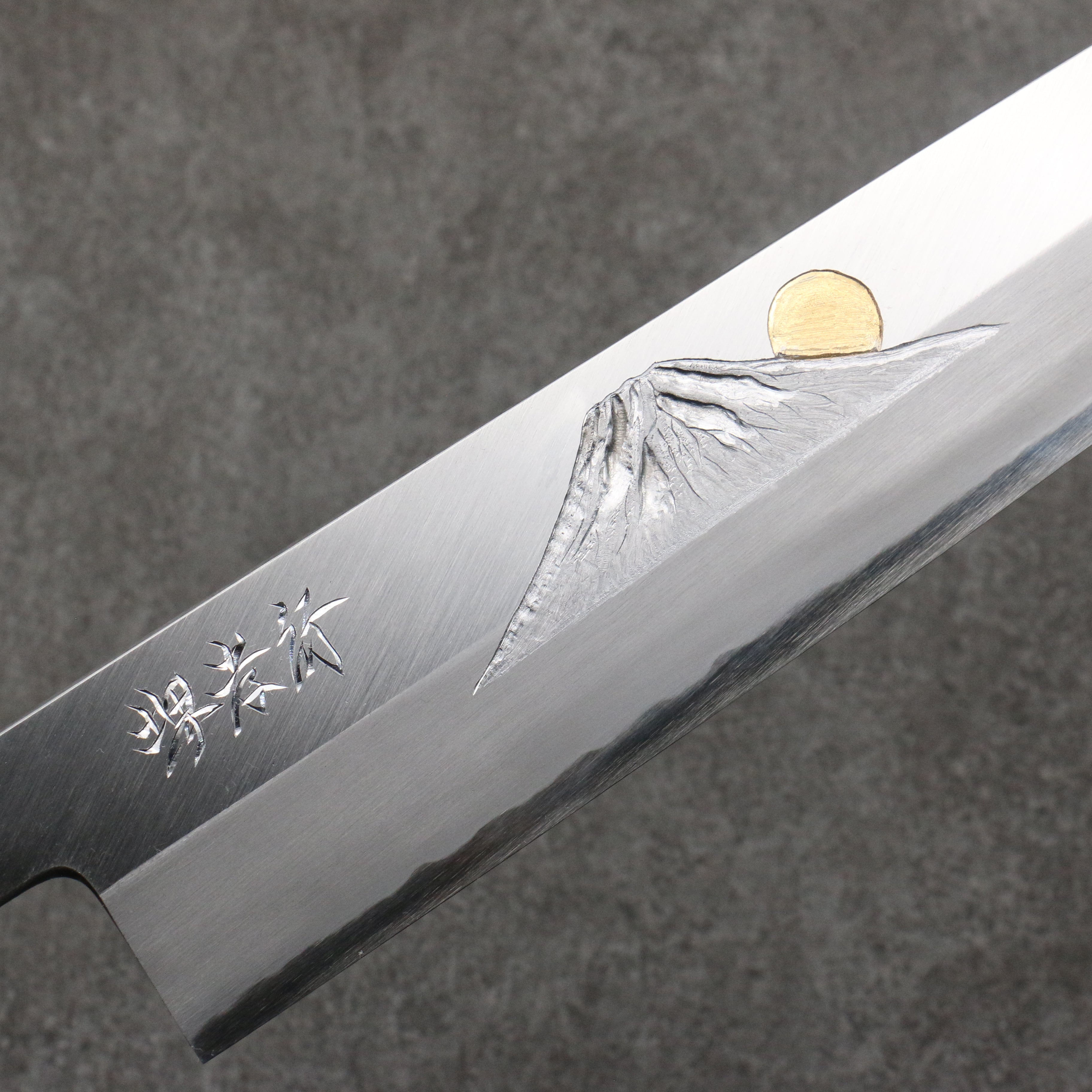 Sakai Takayuki Gold Filled Engraving by Kubota Fuji and Sunset Blue Steel No.2 Kiritsuke Gyuto 270mm Magnolia (Ferrule: Water Buffalo Horn) Handle - Japanny - Best Japanese Knife